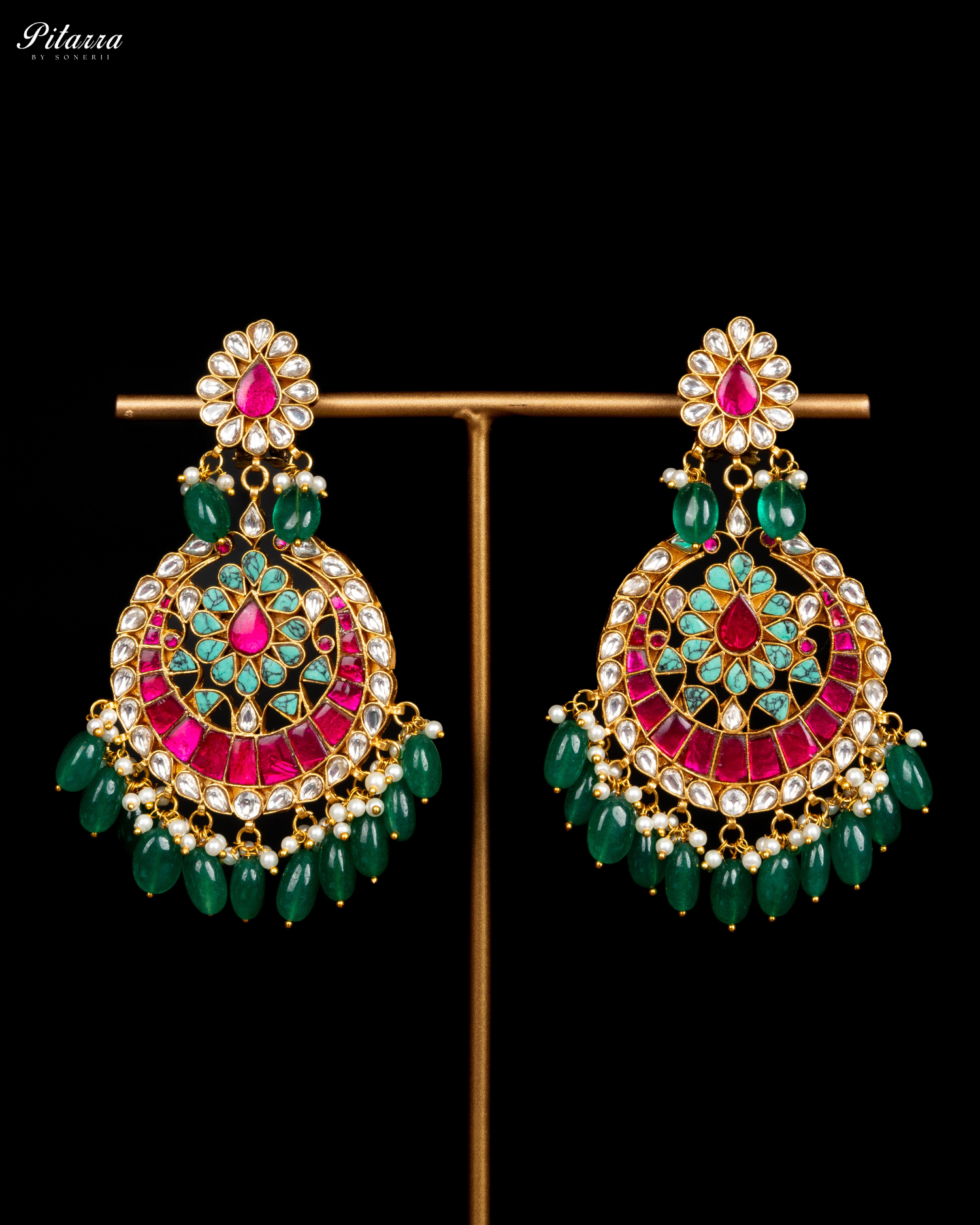 Gold Finish Polki Green Pearl Traditional Kundan Earrings Stand Shoot