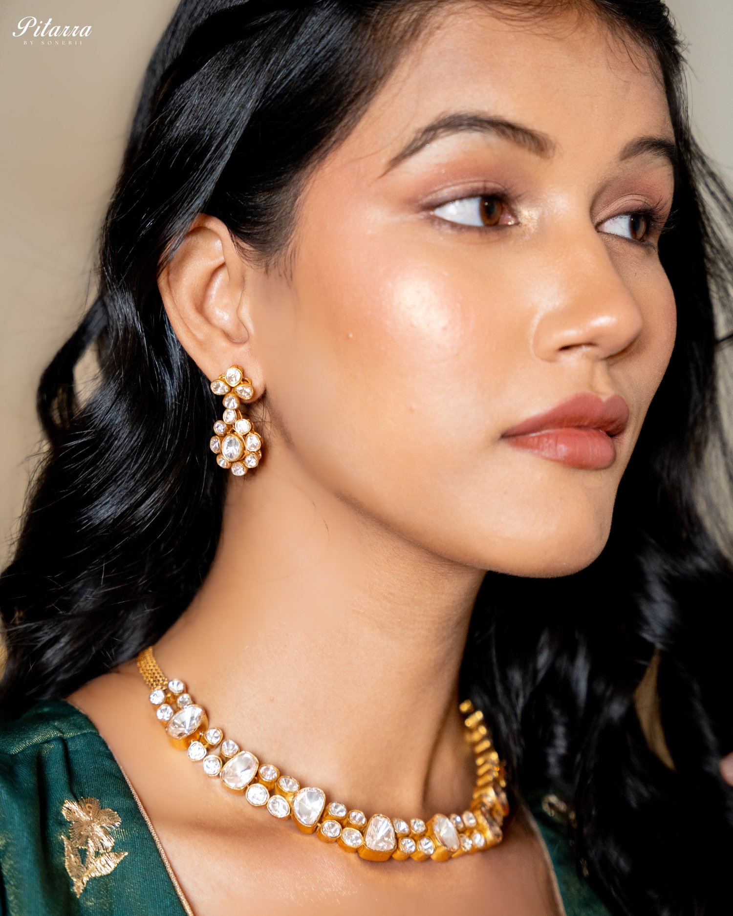 Gold Finish Polki Traditional Kundan Necklace Set Model Side Shoot
