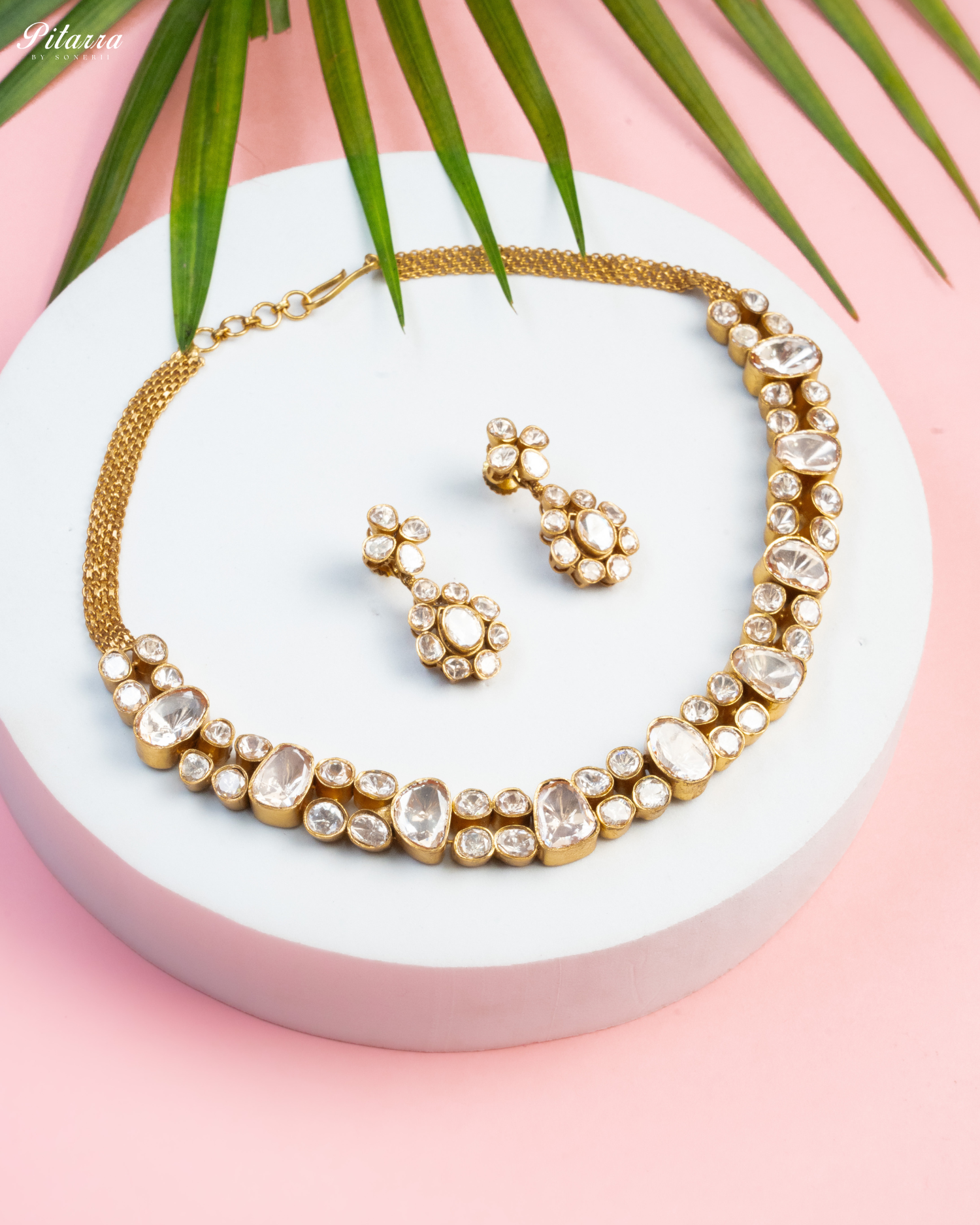 Gold Finish Polki Traditional Kundan Necklace Set Style Shoot