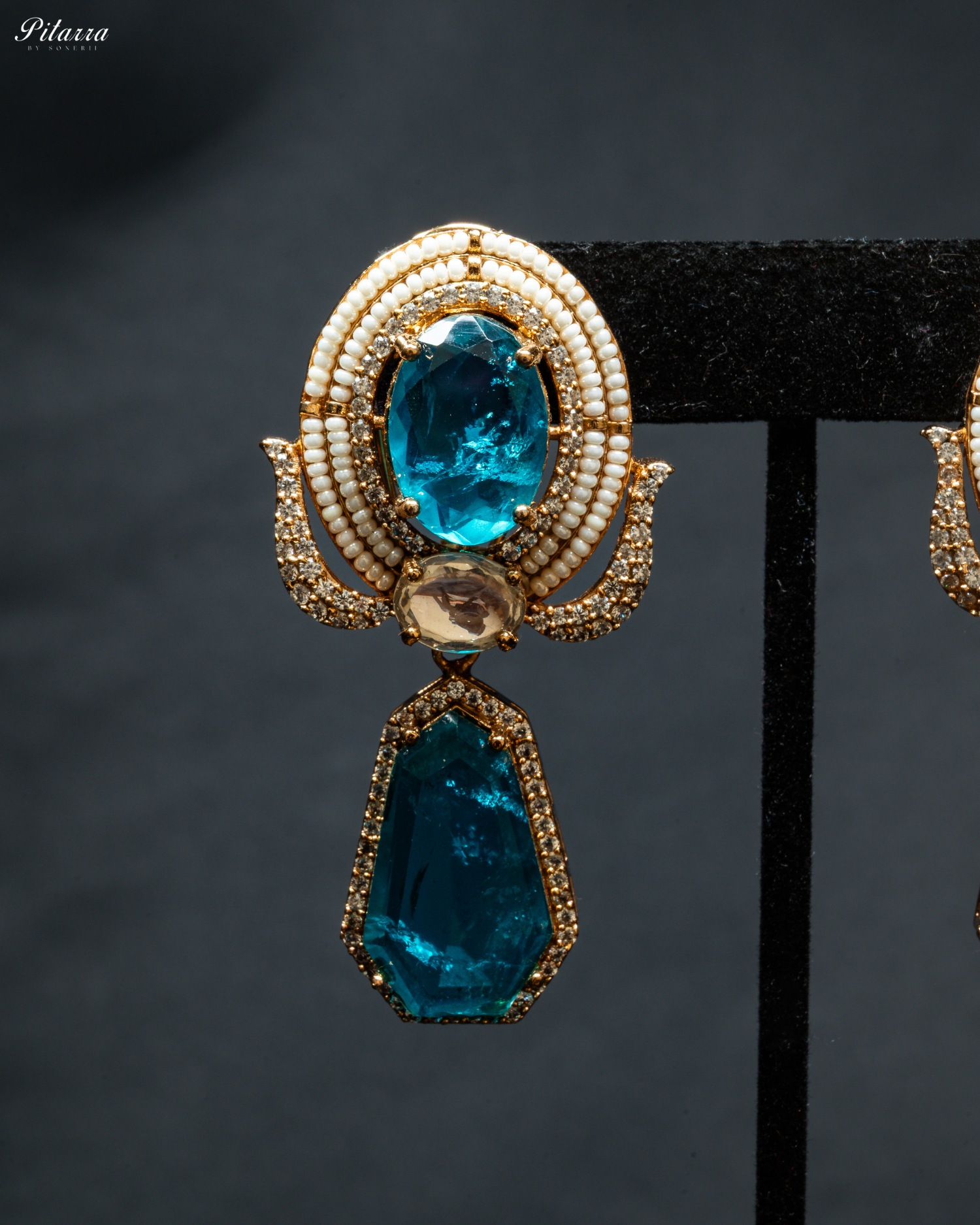 Gold Finish Zircon Blue Dangler Earrings_Side Angle