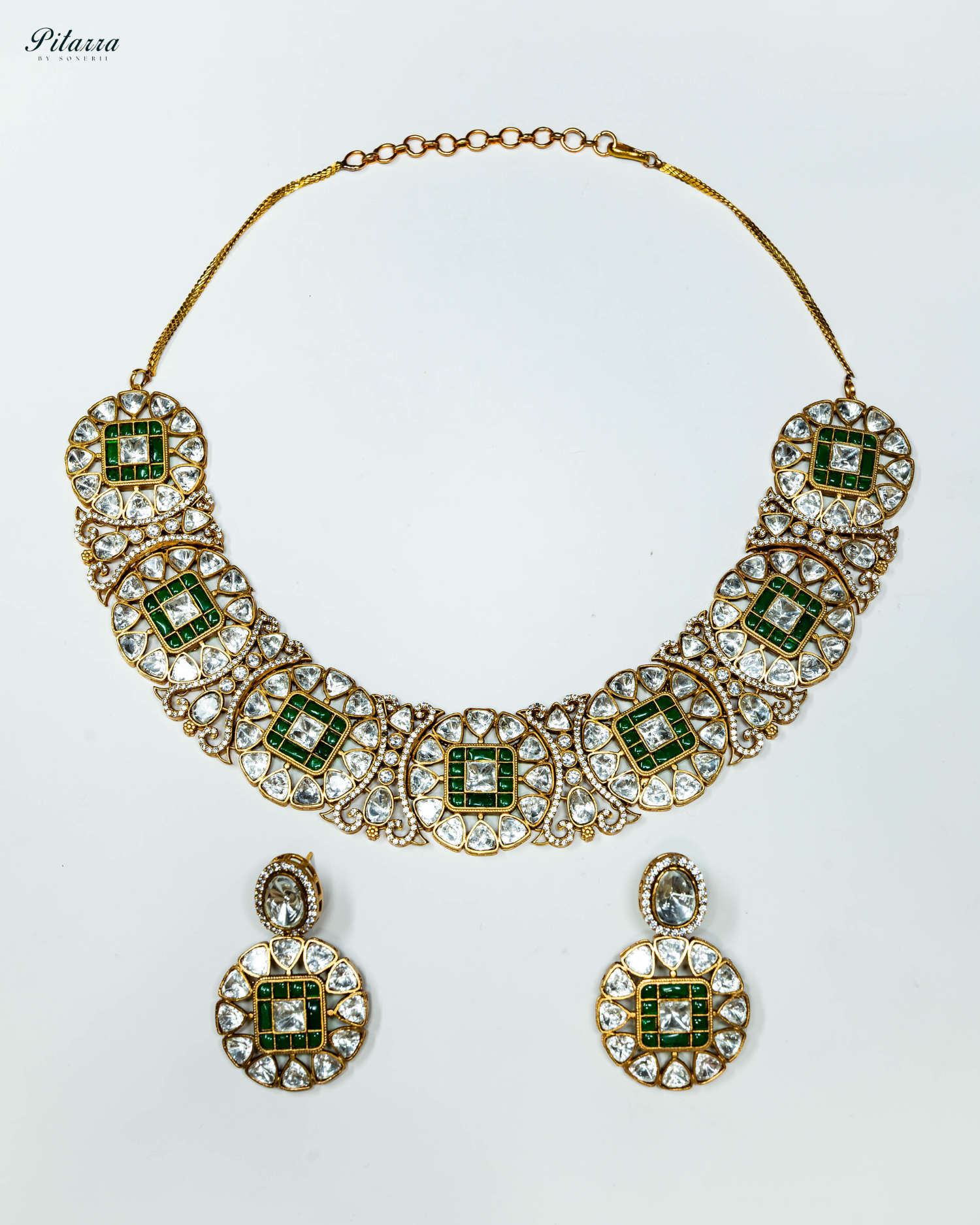 Gold Plated Green Polki Traditional Kundan Choker_White Background