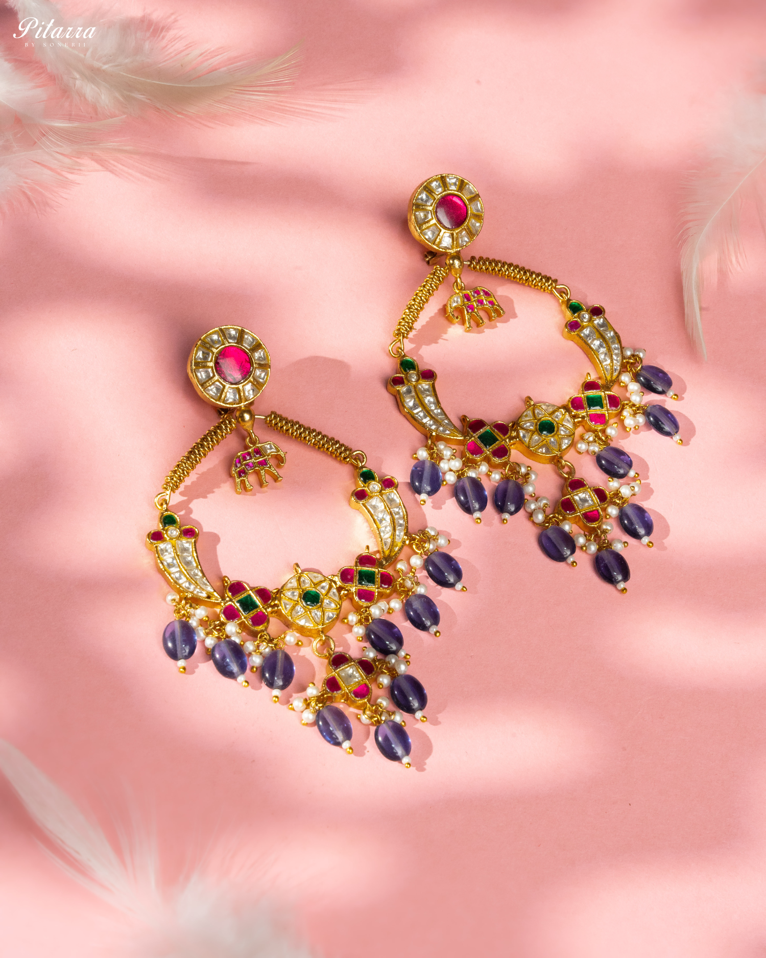 Gold Plated Jadau Multi Stone Traditional Kundan Earrings Style Shoot
