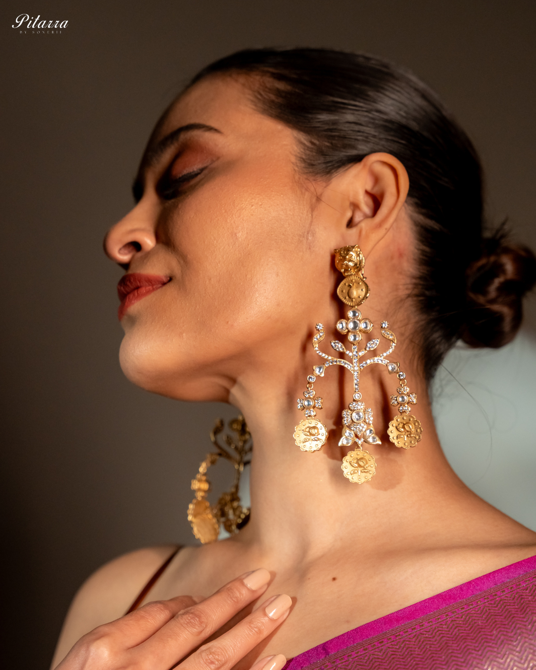 Gold Plated Kundan Meenakari Earrings_Side Image