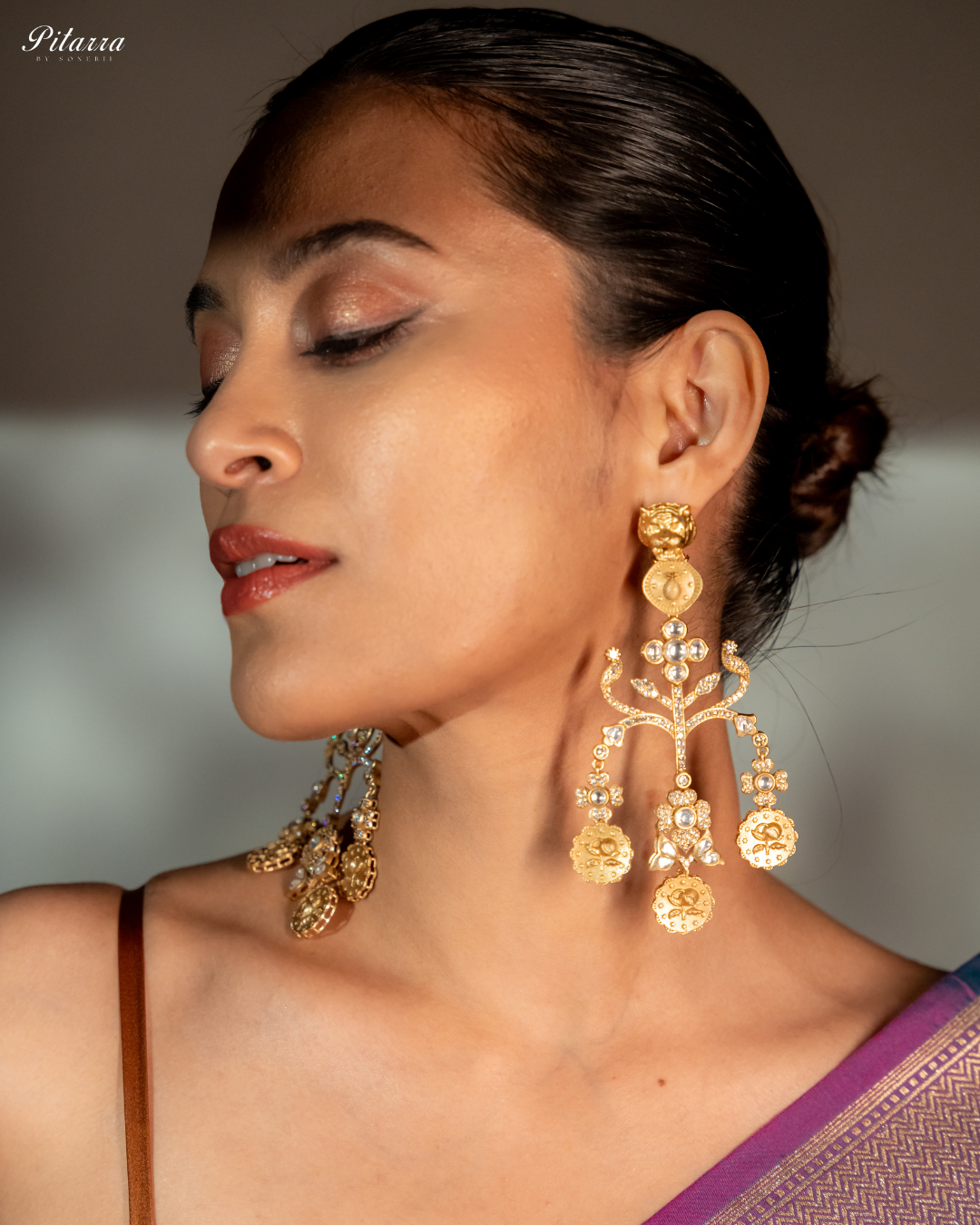 Gold Plated Kundan Meenakari Earrings_Side Pose