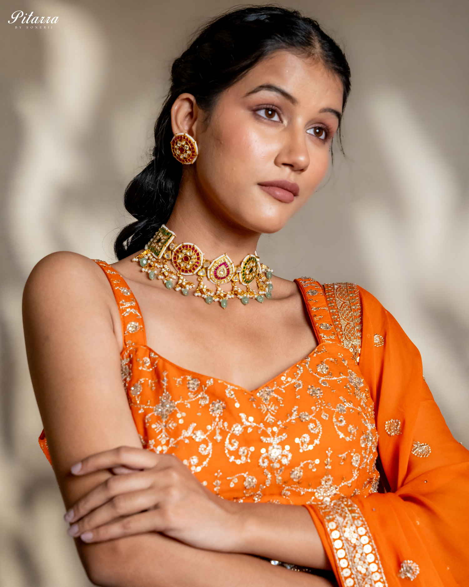 Gold Plated Pitarra Polki Kundan Choker Set Full Model Shoot
