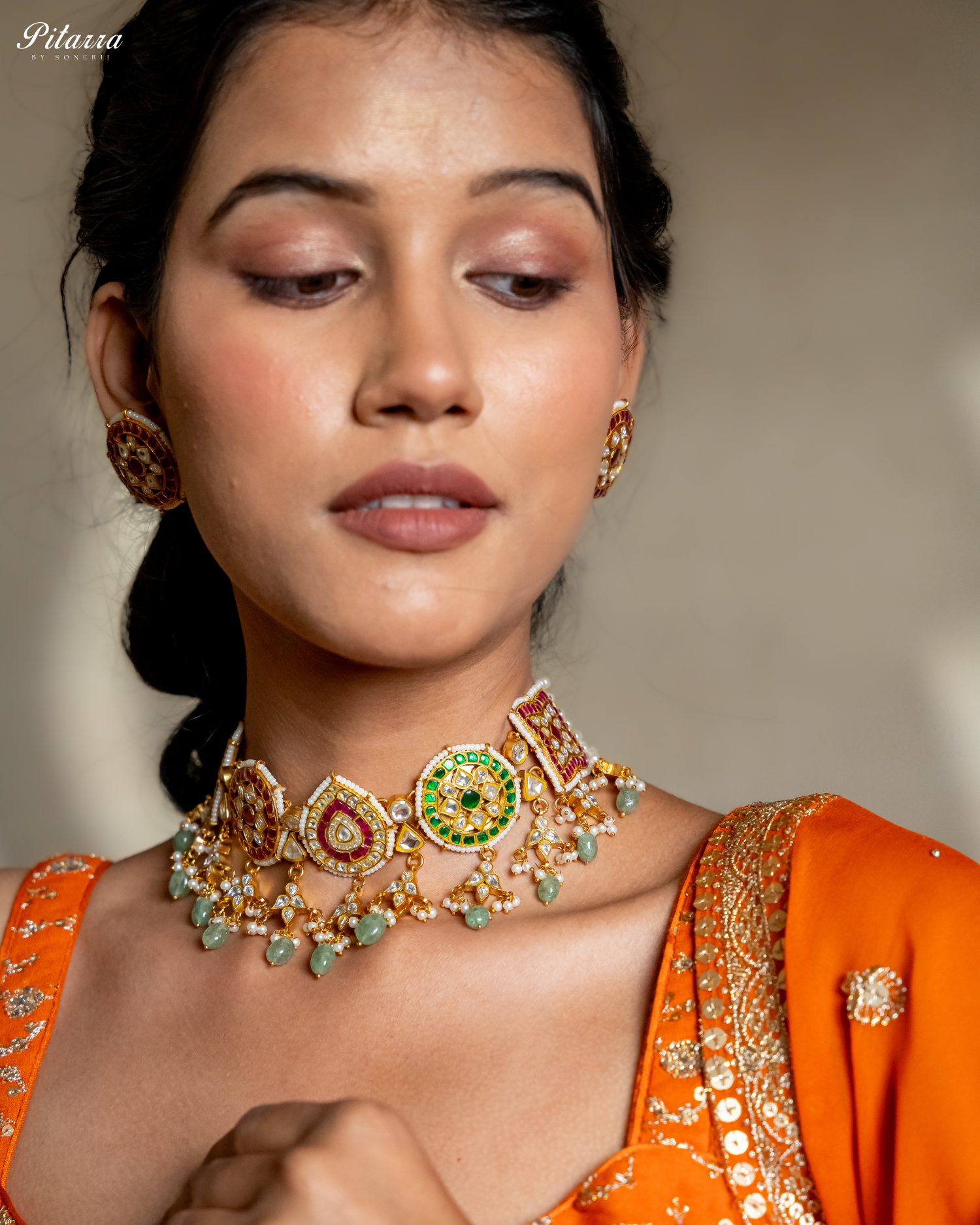 Gold Plated Pitarra Polki Kundan Choker Set Model Shoot