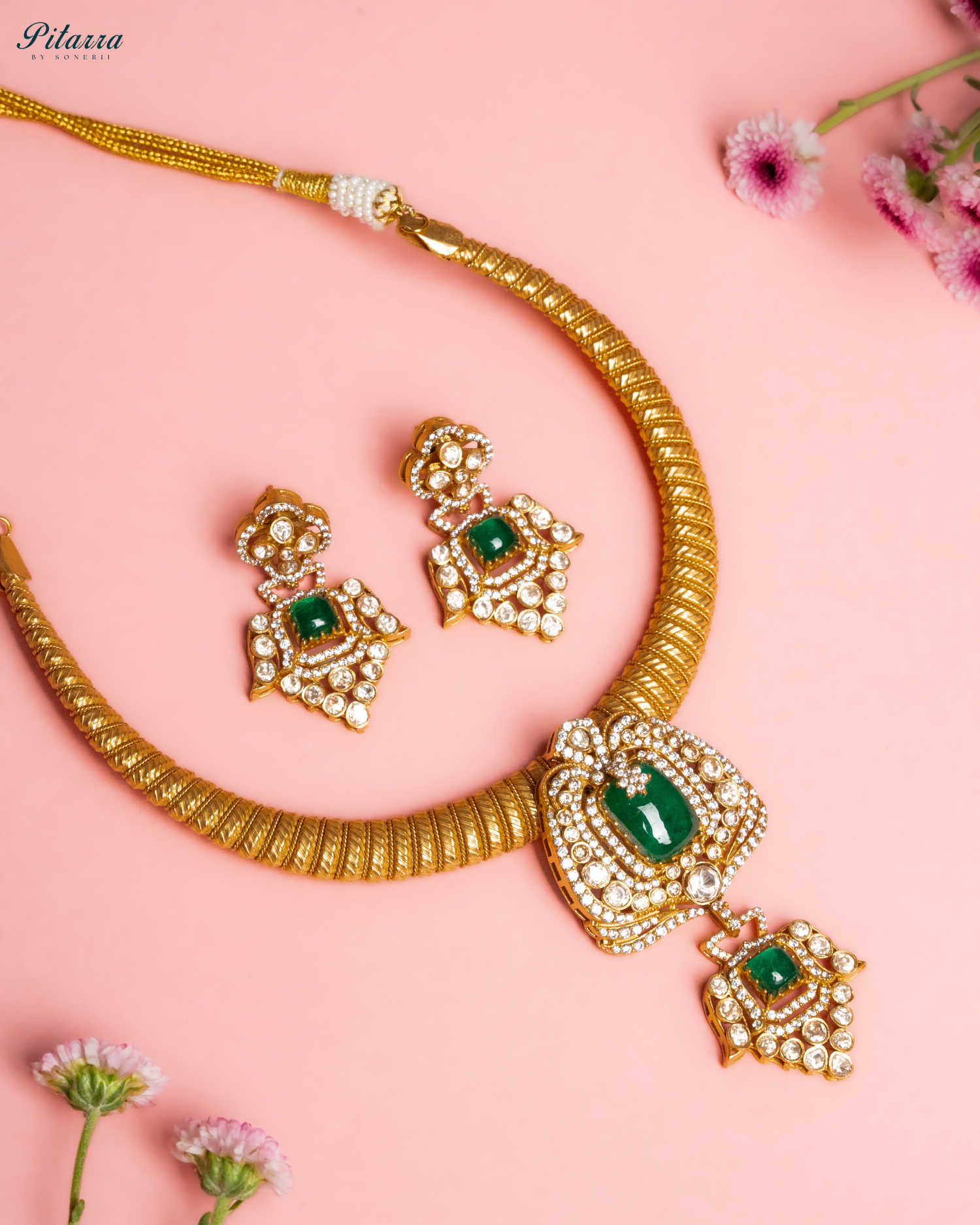 Gold Plated Polki Kundan Stones Necklace Set-Style Shoot