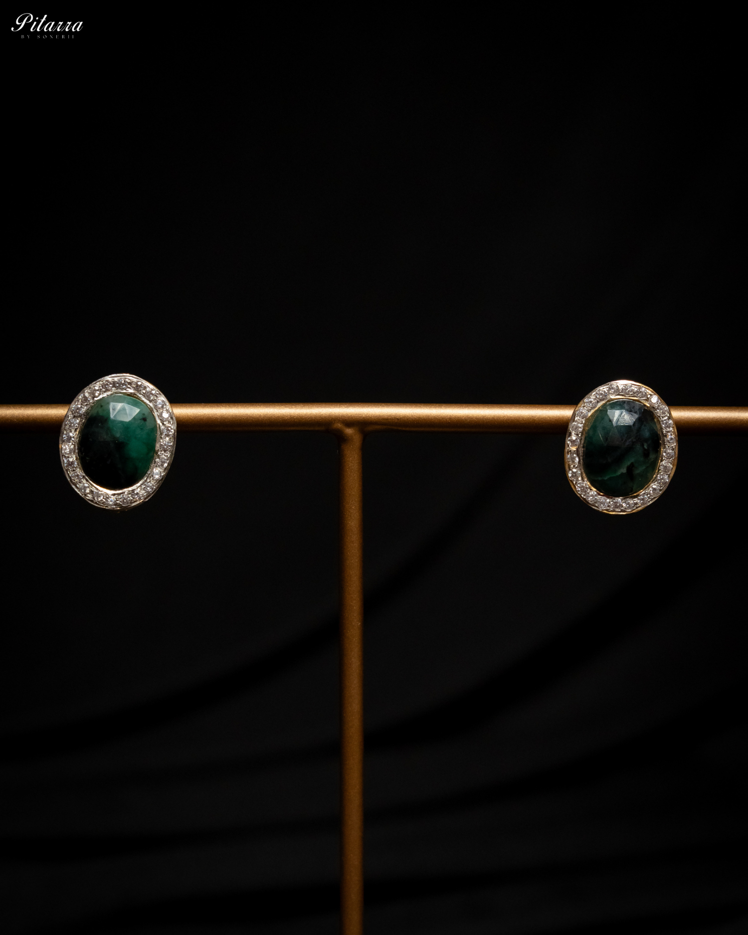 Gold Tone Chain Green Stone Necklace Set_Earrings
