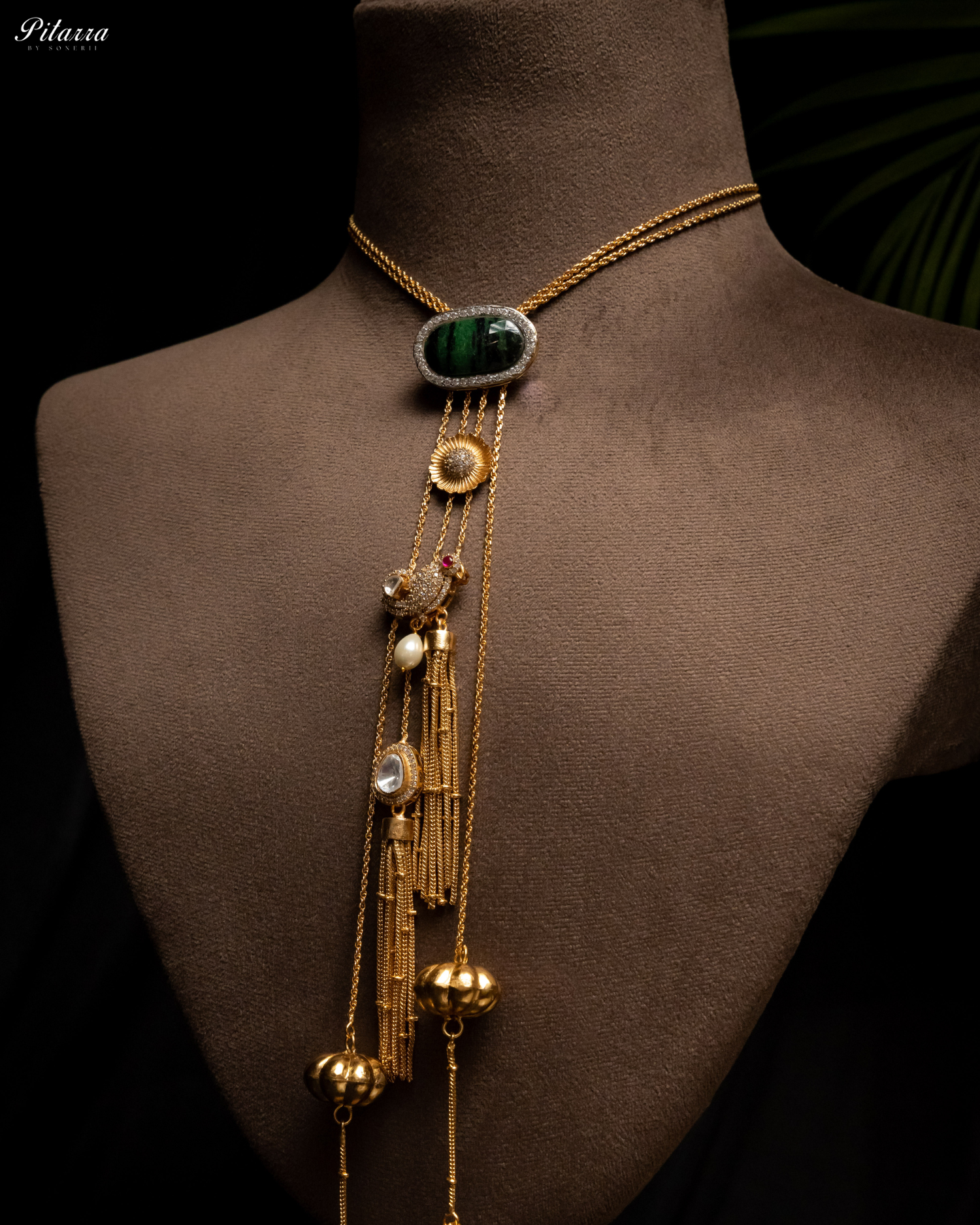 Gold Tone Chain Green Stone Necklace Set_Necklace