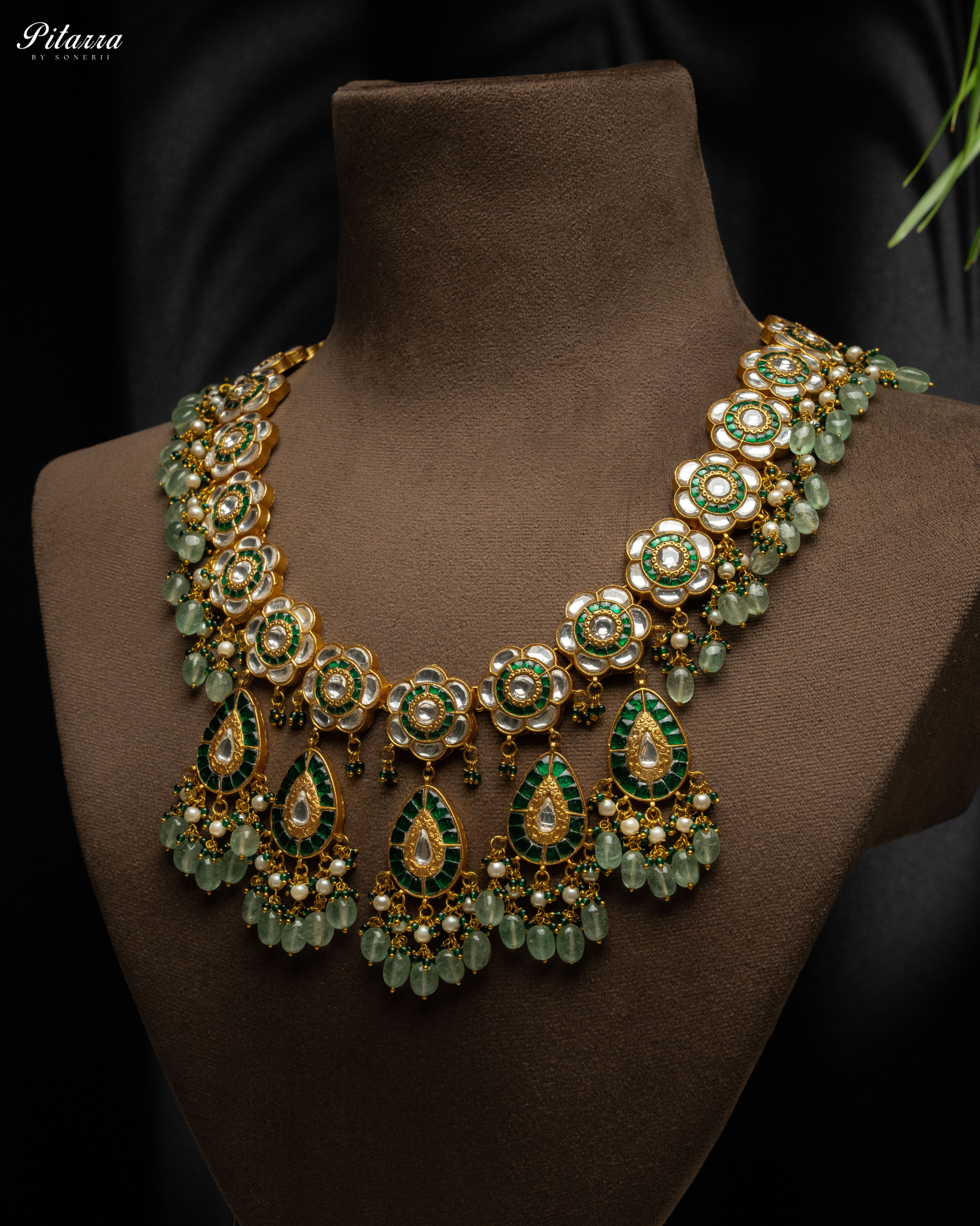 Golden Royal Emerald Green Beaded Polki Necklace