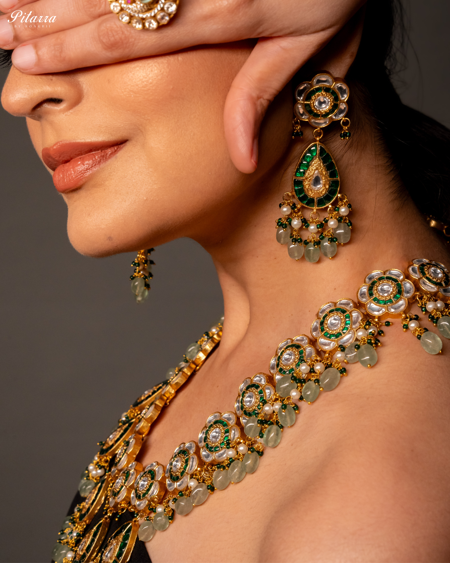 Golden Royal Emerald Green Beaded Polki Necklace