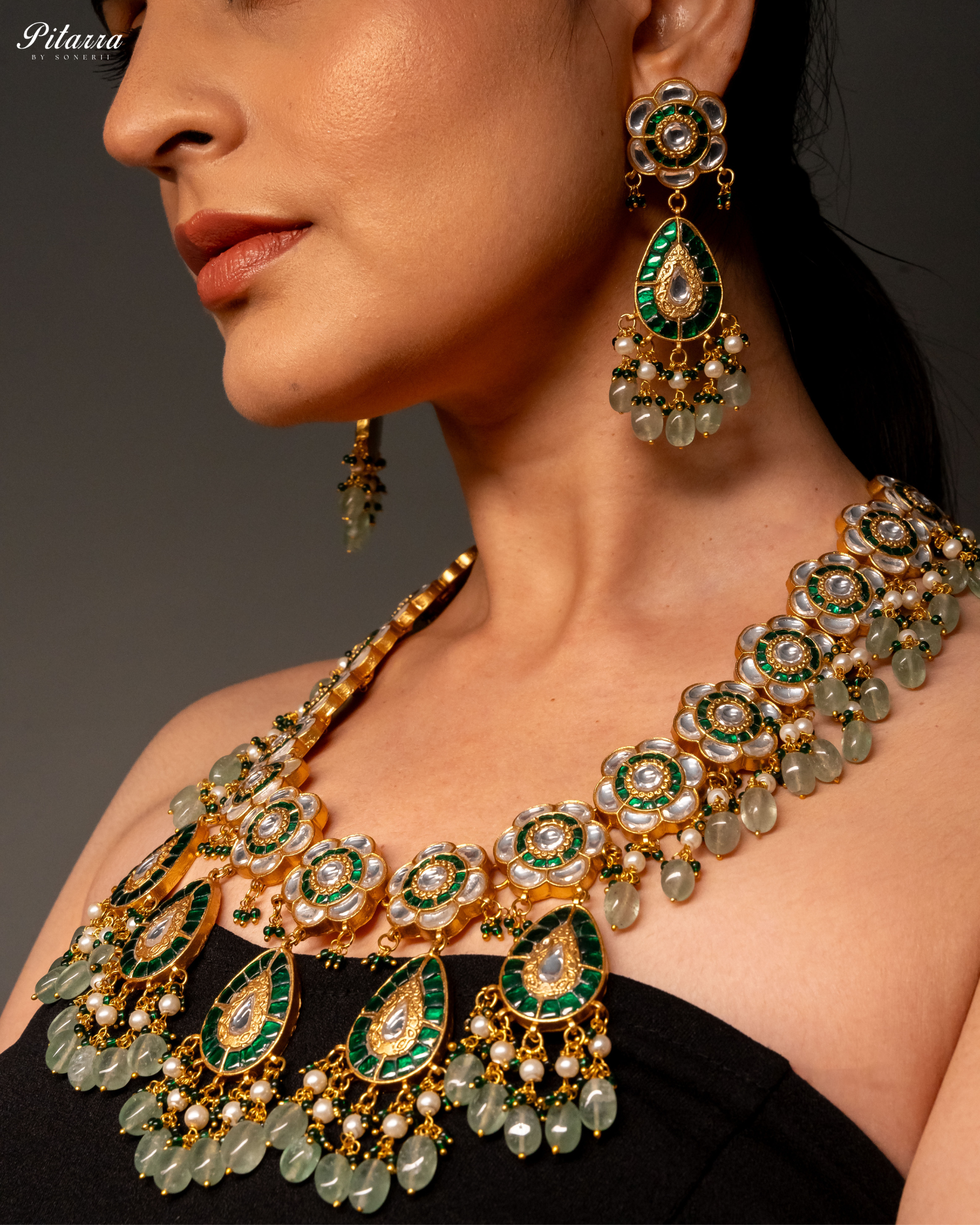Golden Royal Emerald Green Beaded Polki Necklace