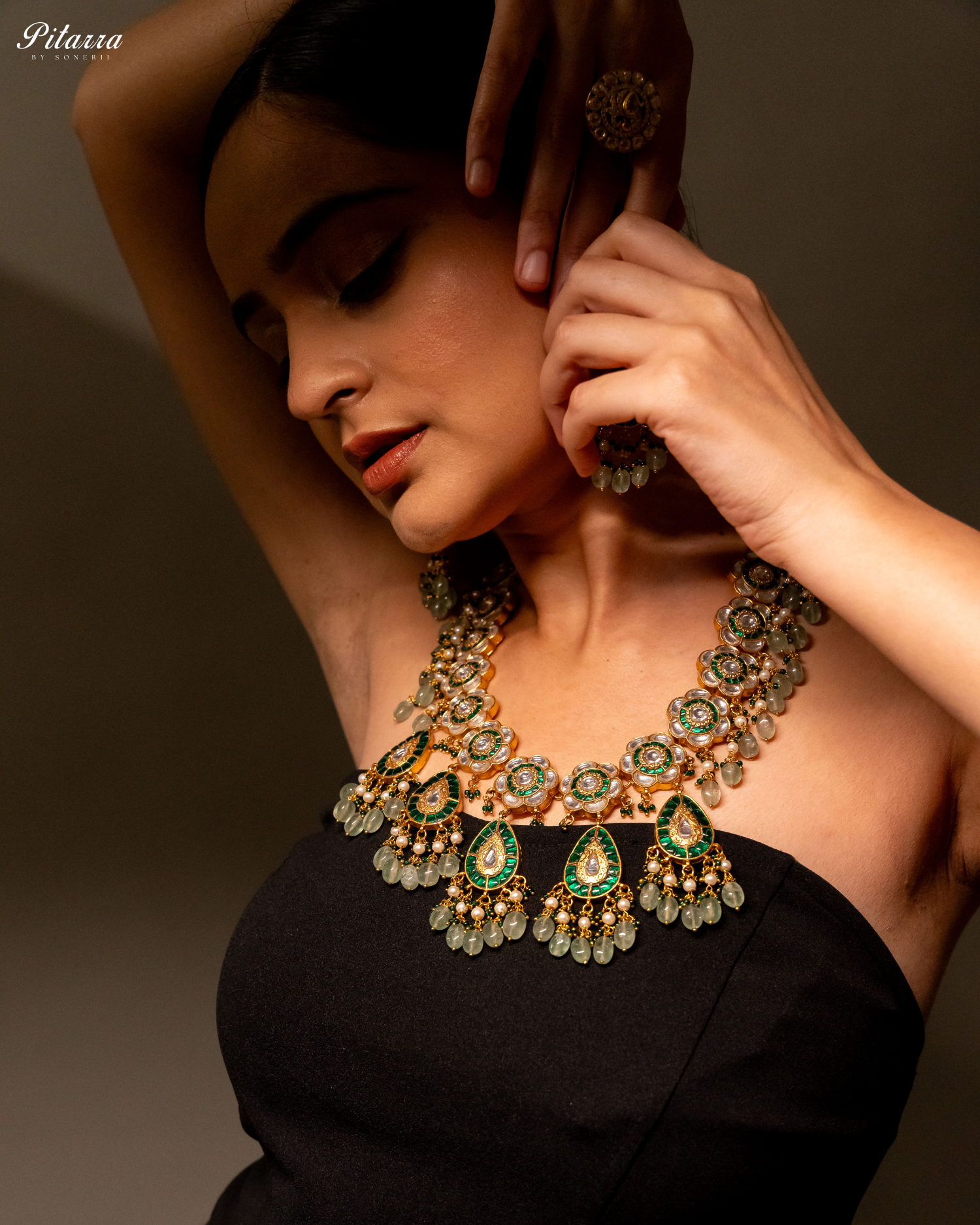 Golden Royal Emerald Green Beaded Polki Necklace