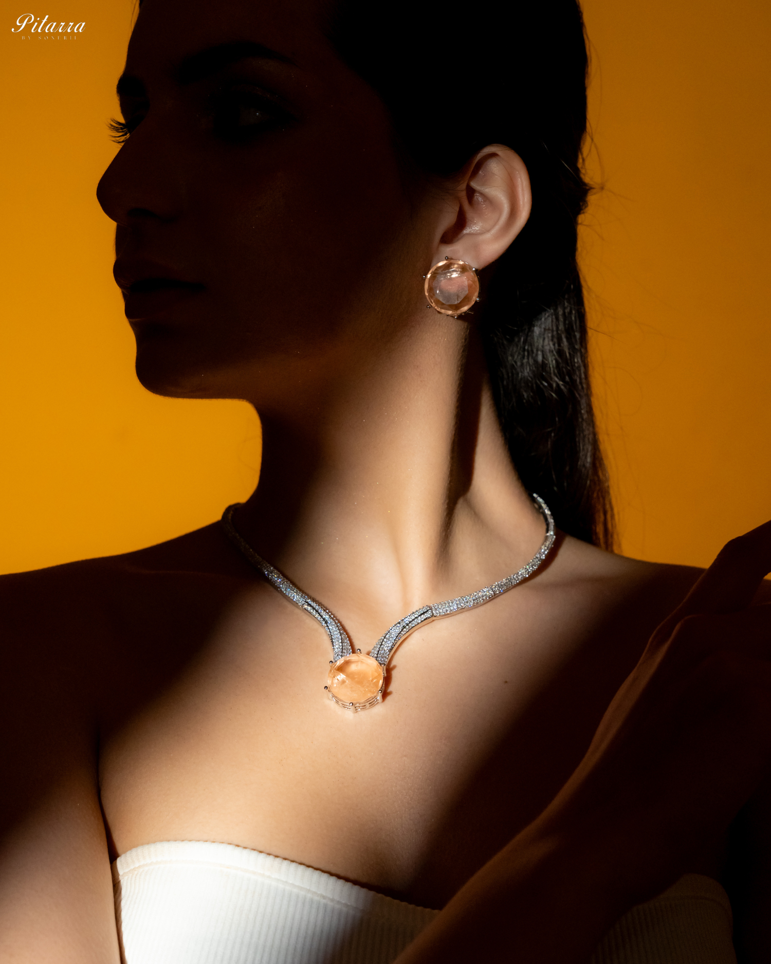 Golden Drop Stone CZ Necklace Set_Left Angle