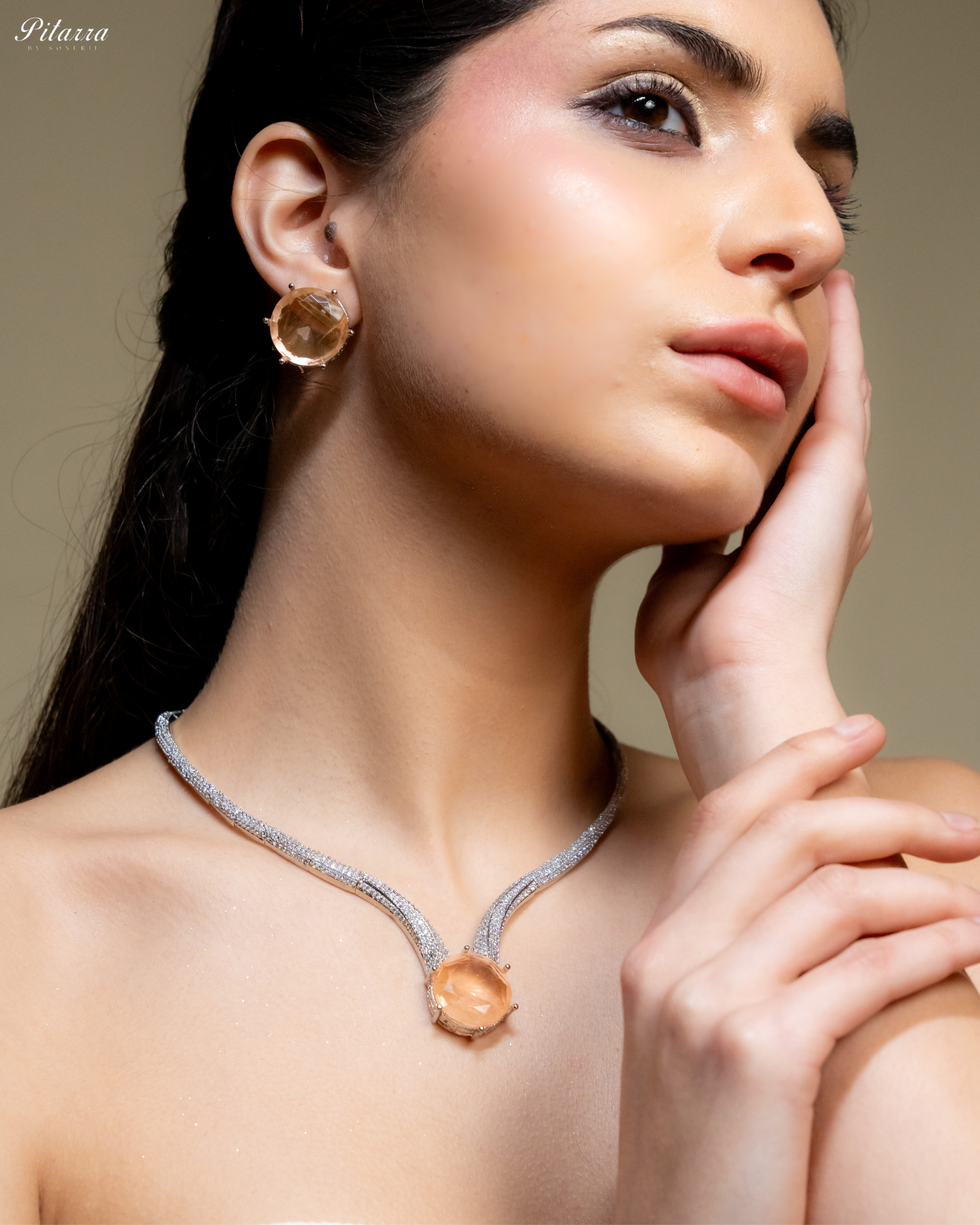 Golden Drop Stone CZ Necklace Set_Side Image