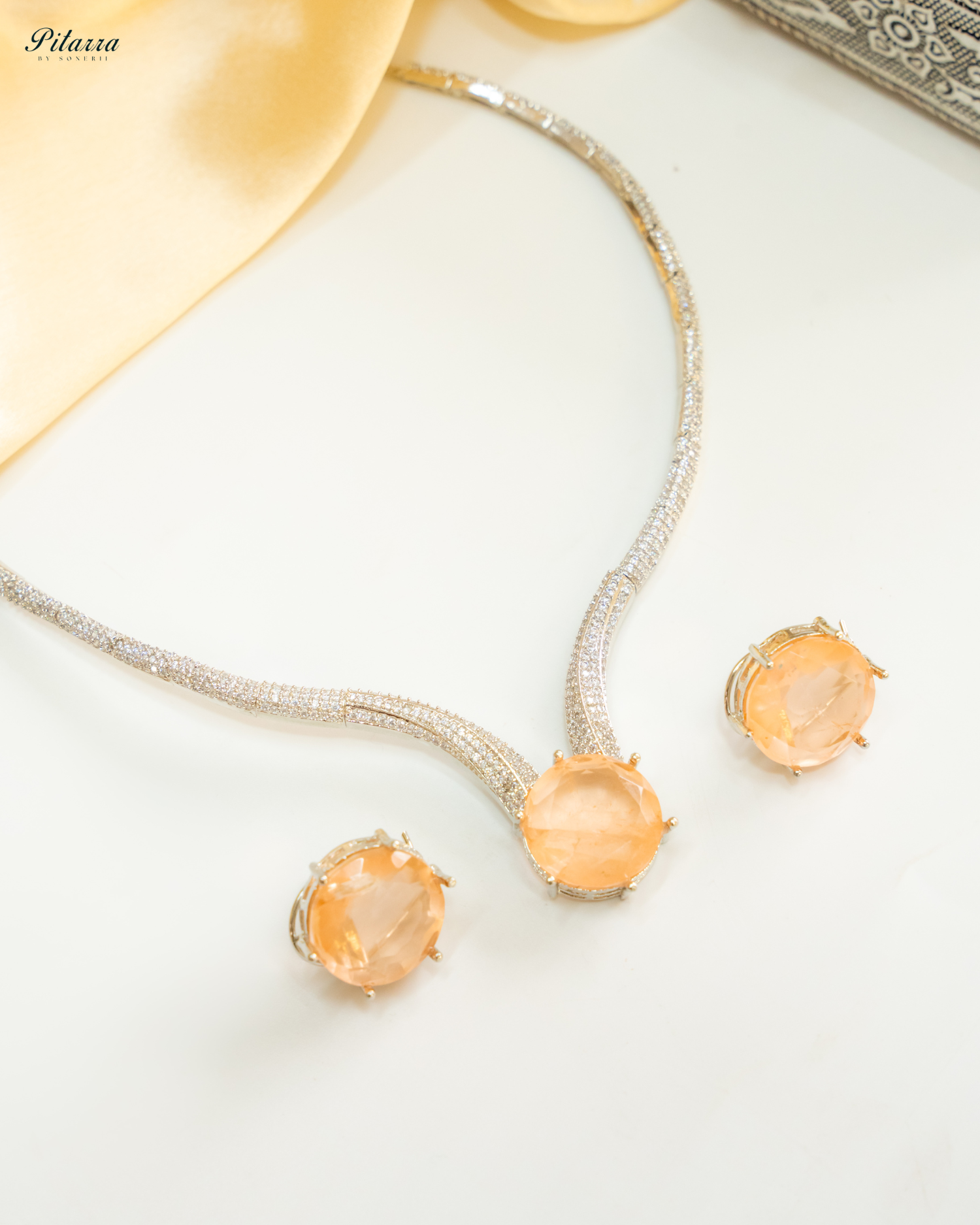 Golden Drop Stone CZ Necklace Set_White Background