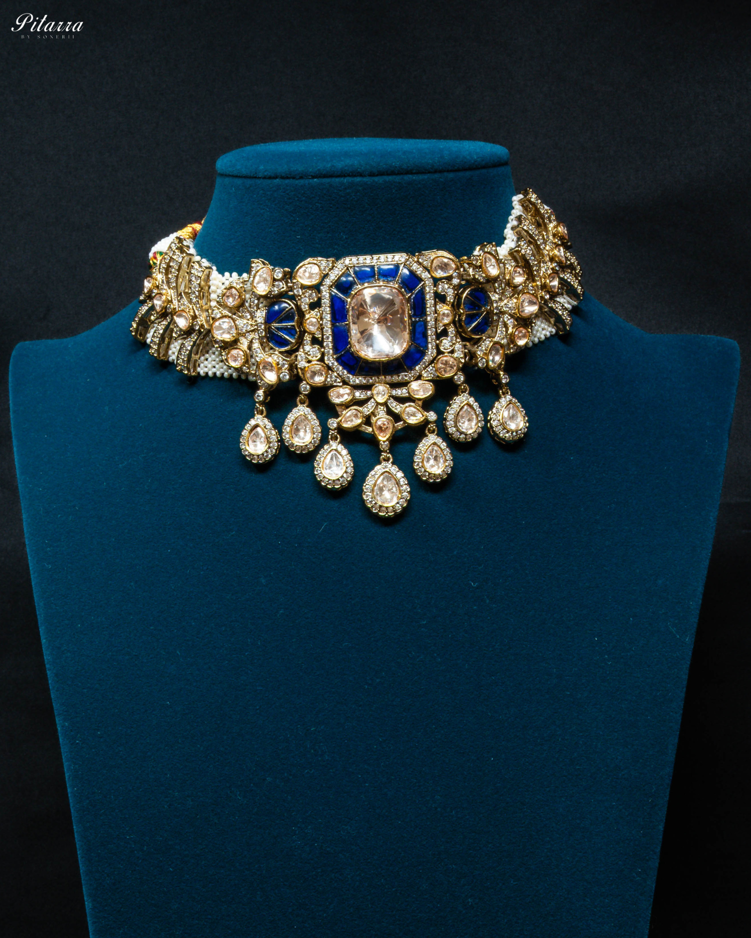 Golden Finish Blue Stone Kundan Choker Set_Front Image