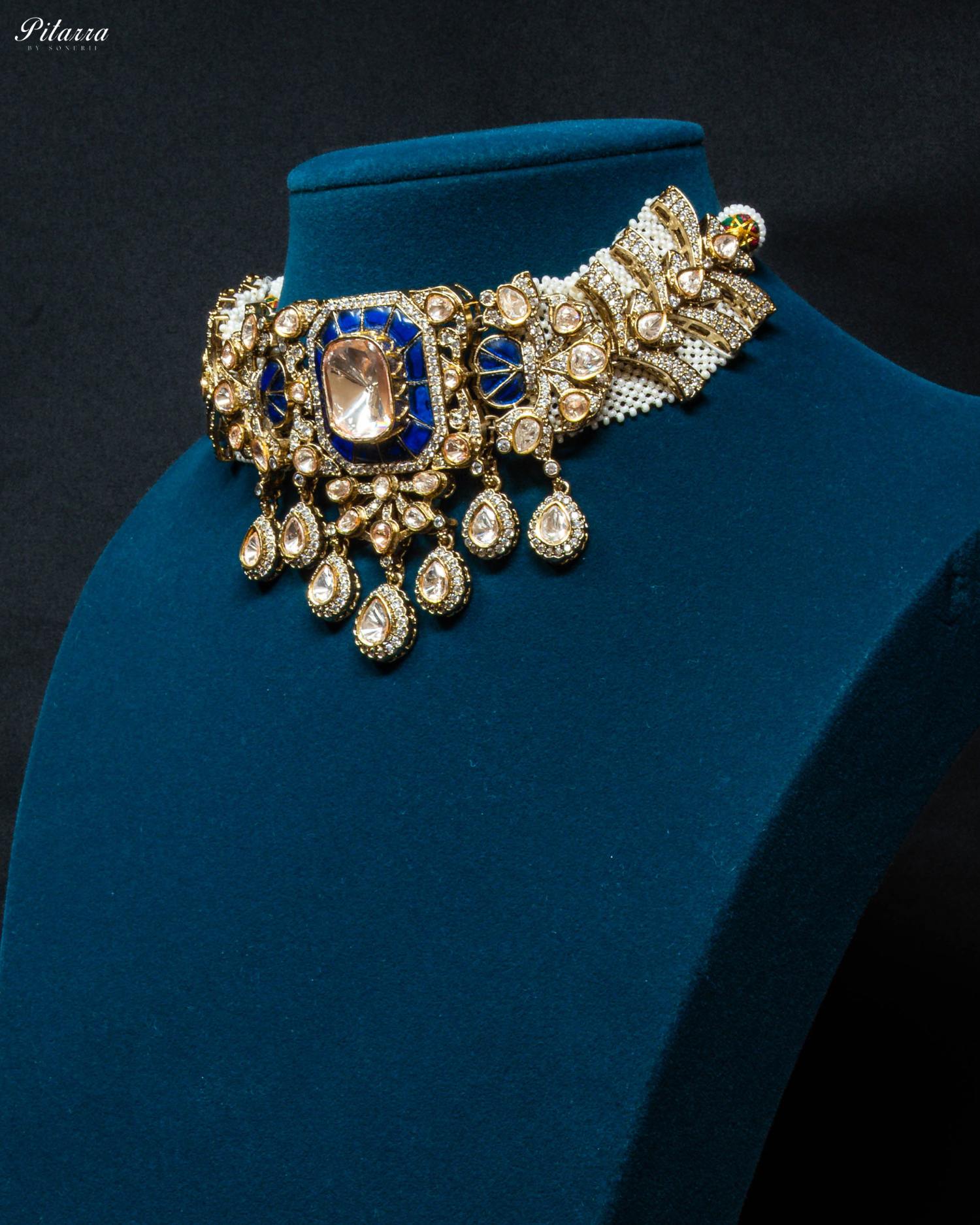 Golden Finish Blue Stone Kundan Choker Set_Side Angle