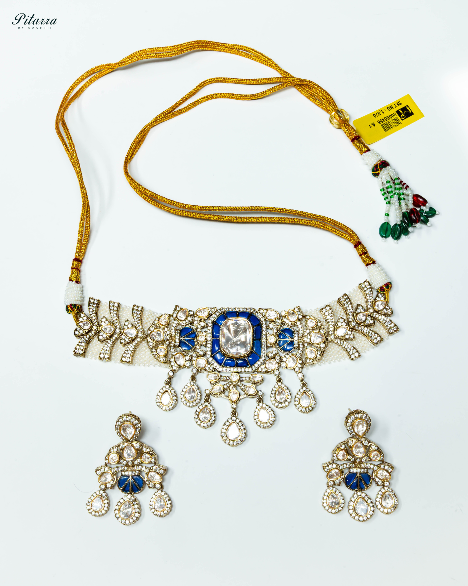 Golden Finish Blue Stone Kundan Choker Set_White Background
