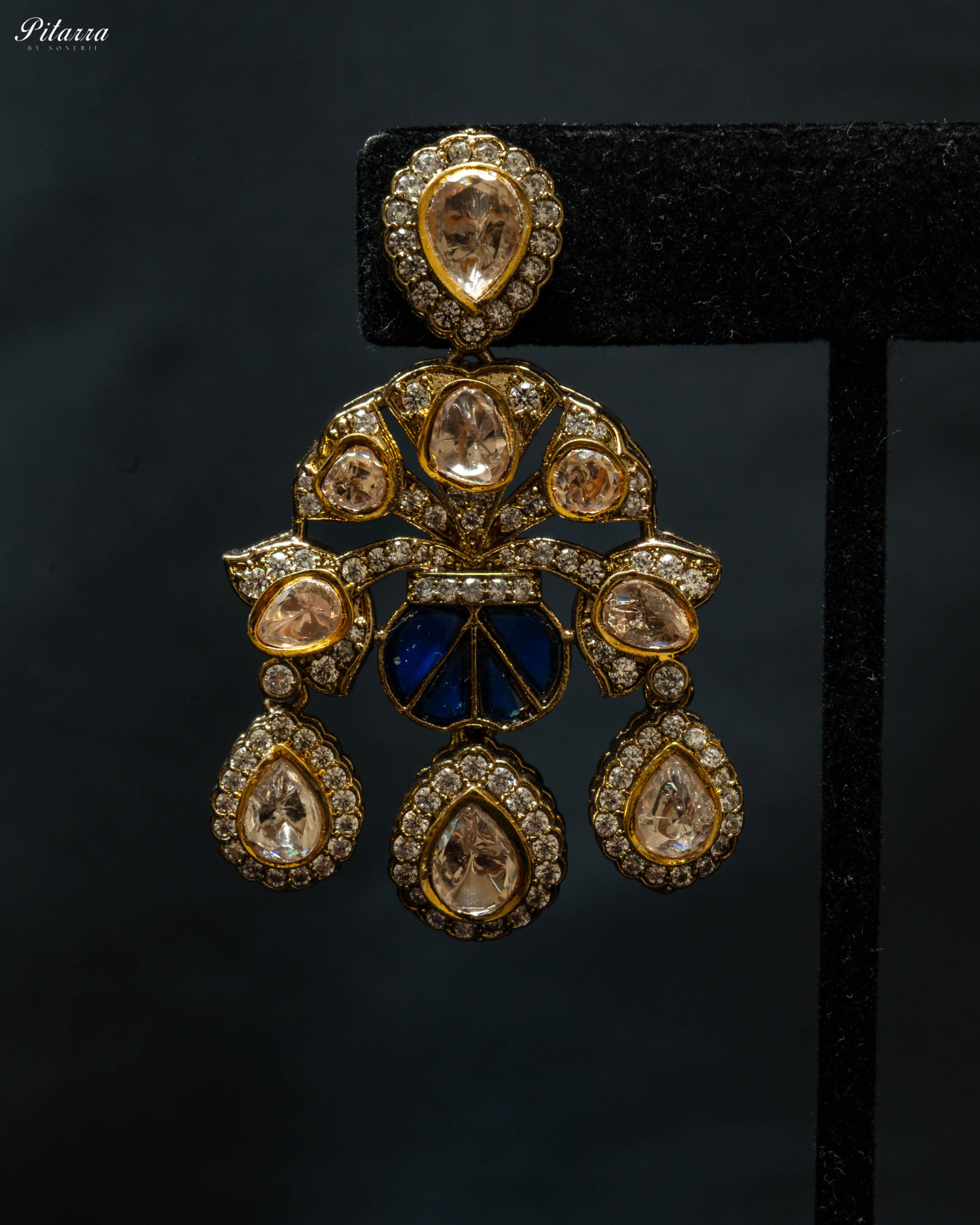 Golden Finish Blue Stone Kundan Choker Set_Zoom Earrings