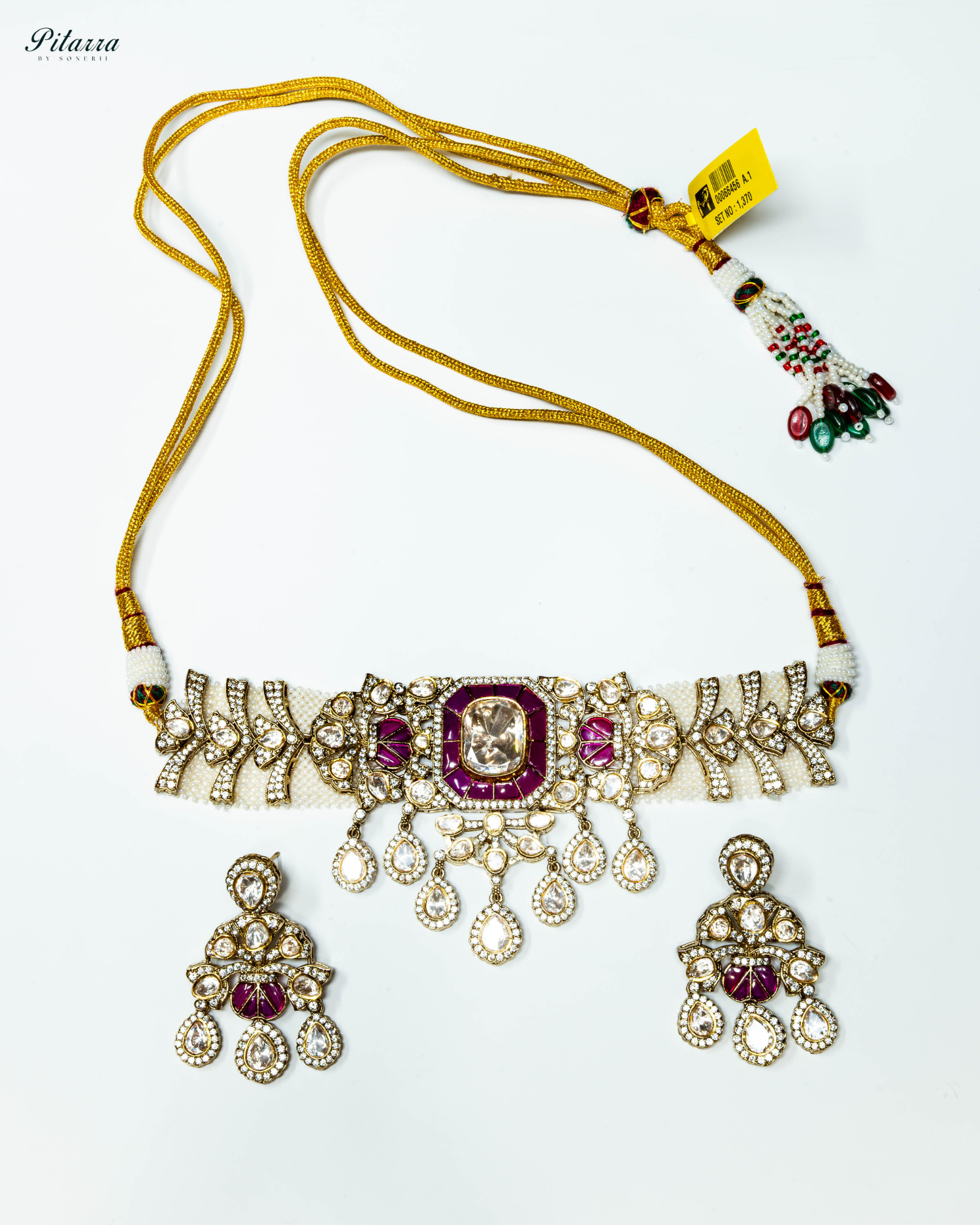 Golden Finish Pink Stone Kundan Choker Set_White Background