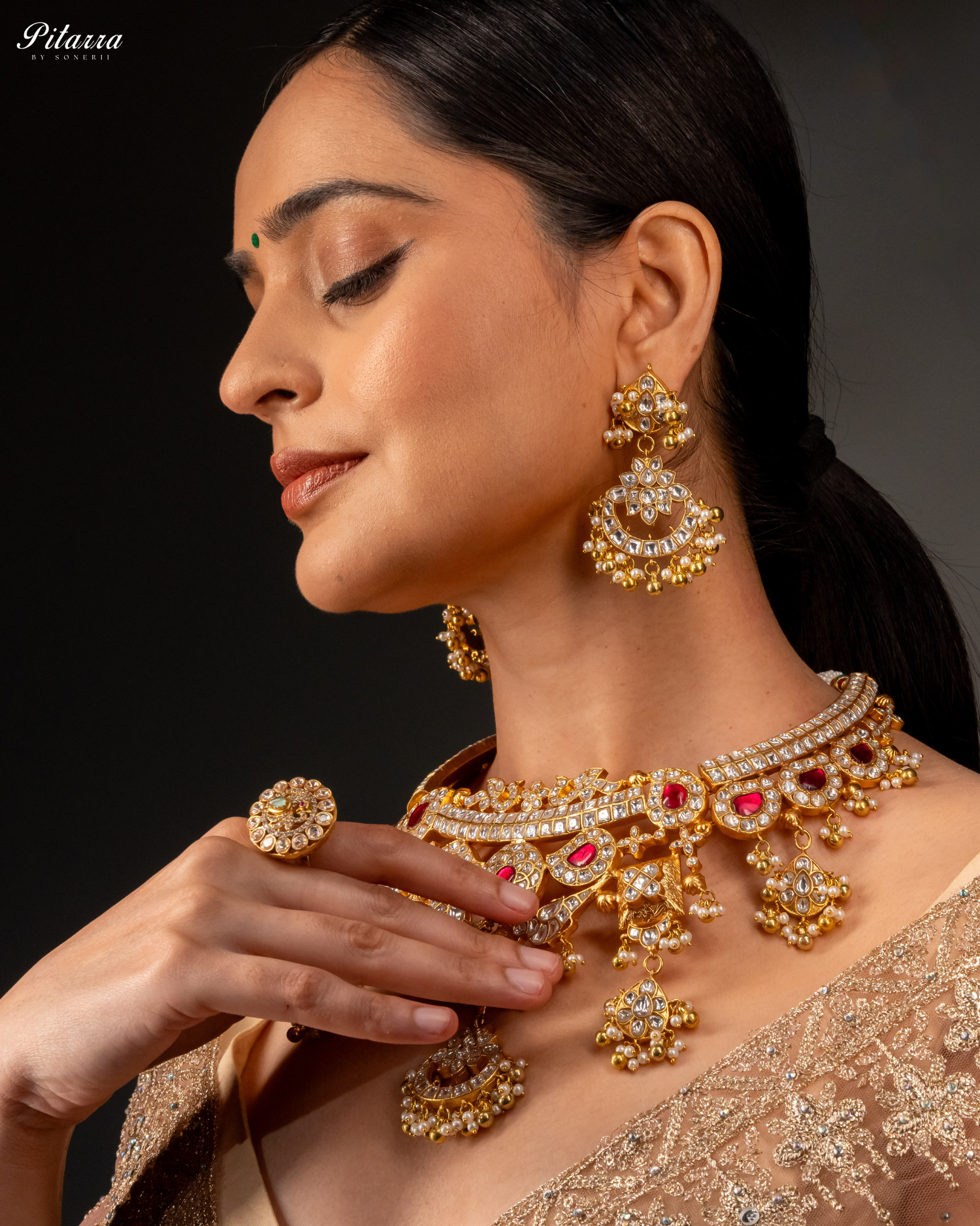 Golden Kundan Ring with Diamonds Traditional Kundan Ring Model Shoot