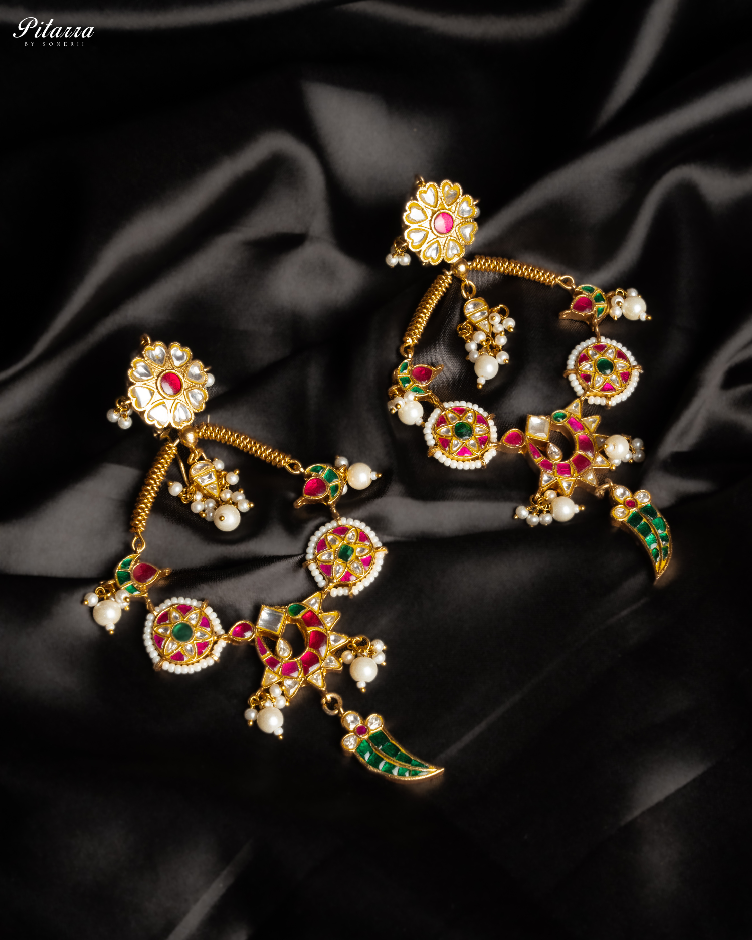 Golden Multi Color Jadau Traditional Kundan Earrings Black Shoot