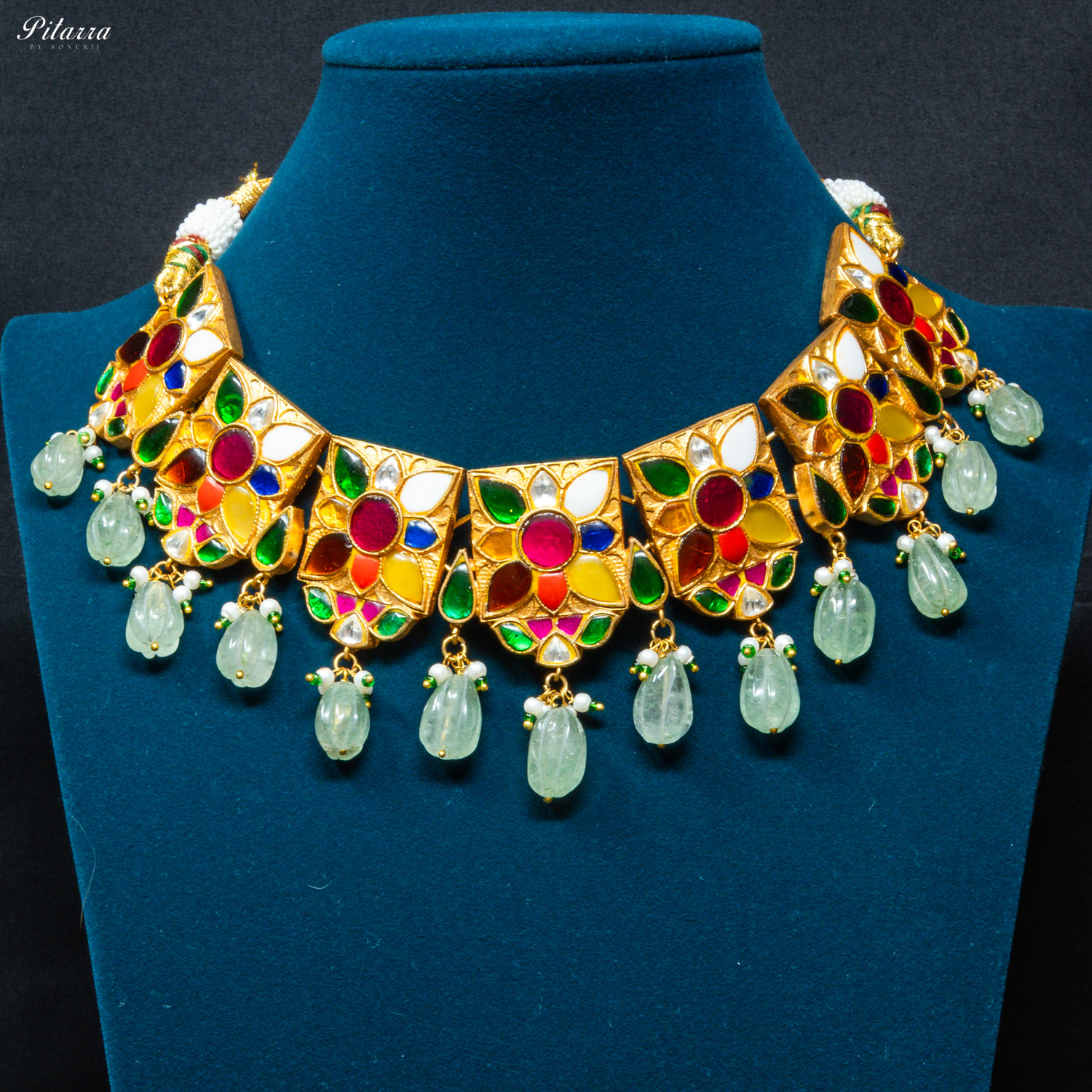Green Beads Navratna Design Stone Choker Set