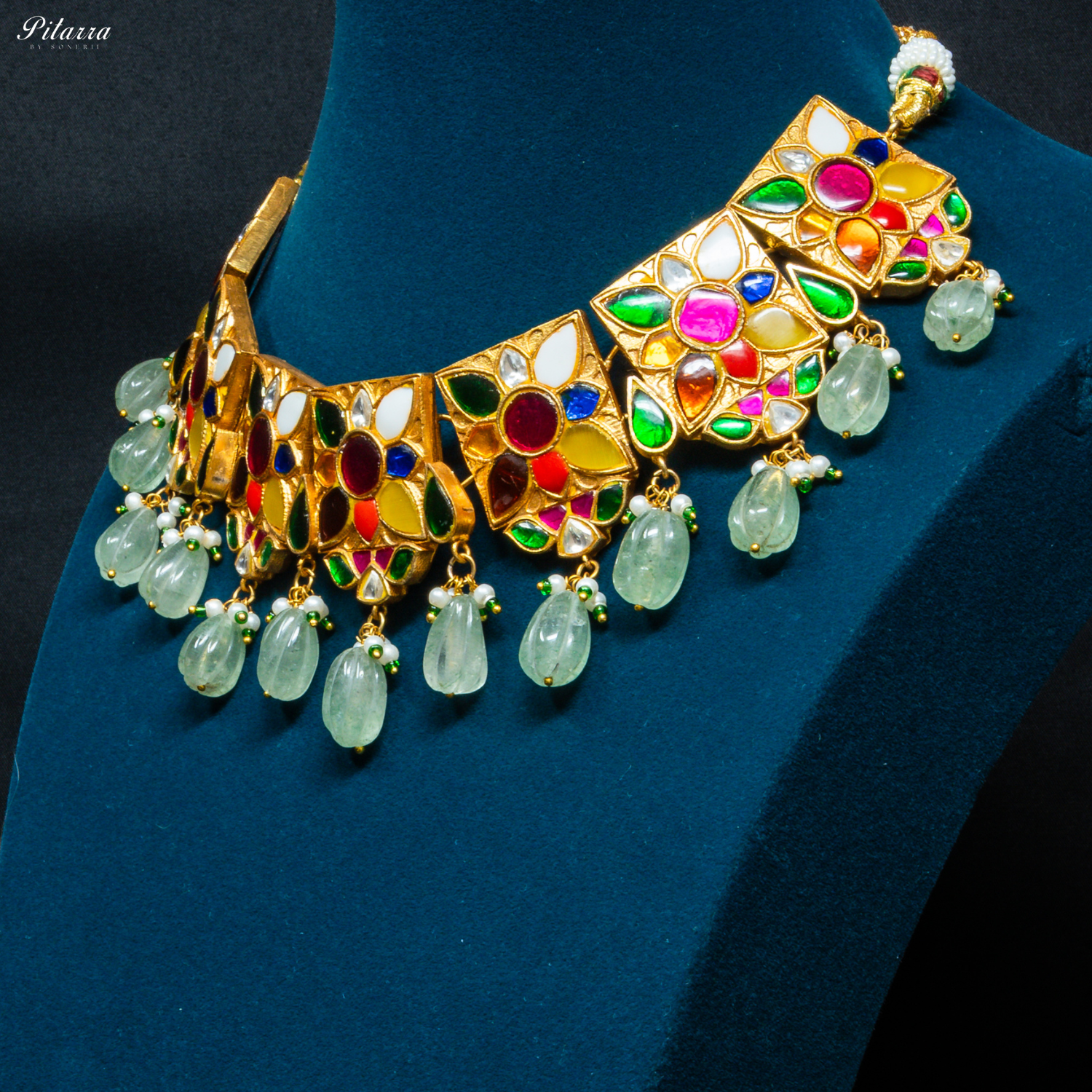 Green Beads Navratna Design Stone Choker Set