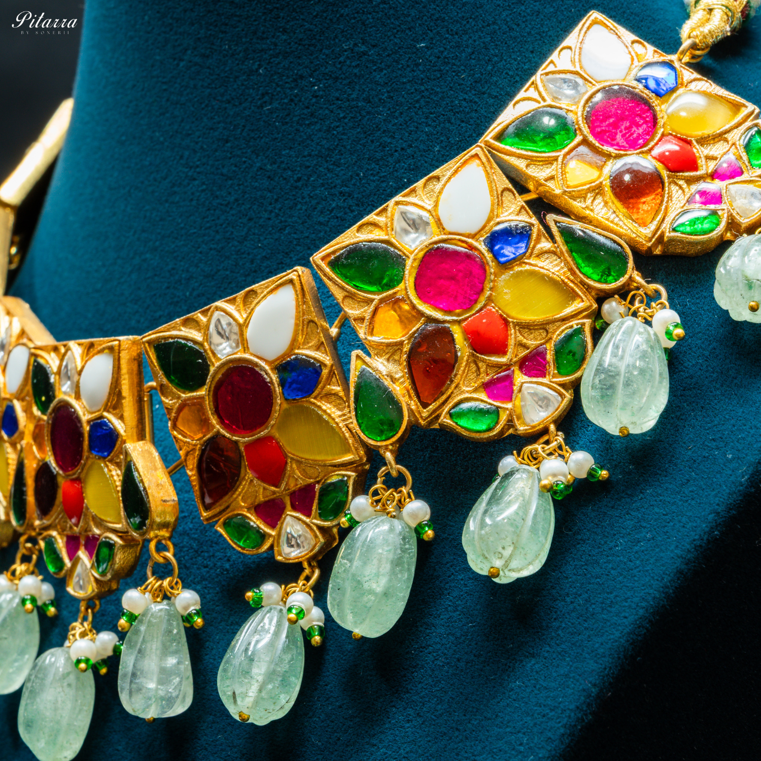 Green Beads Navratna Design Stone Choker Set