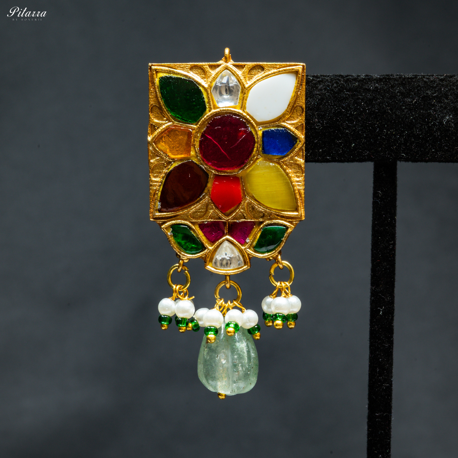 Green Beads Navratna Design Stone Choker Set