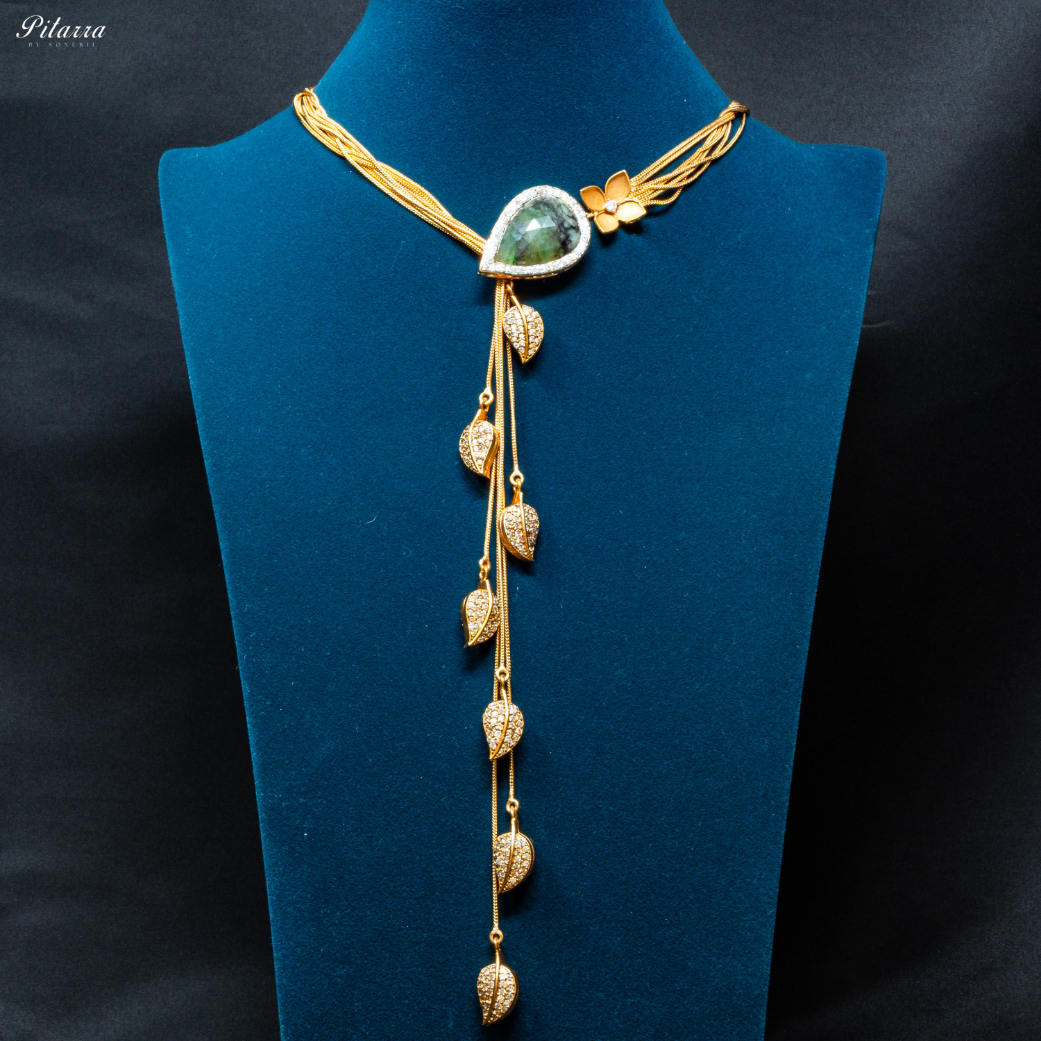 Green Drop Stone Golden Statement Necklace Set