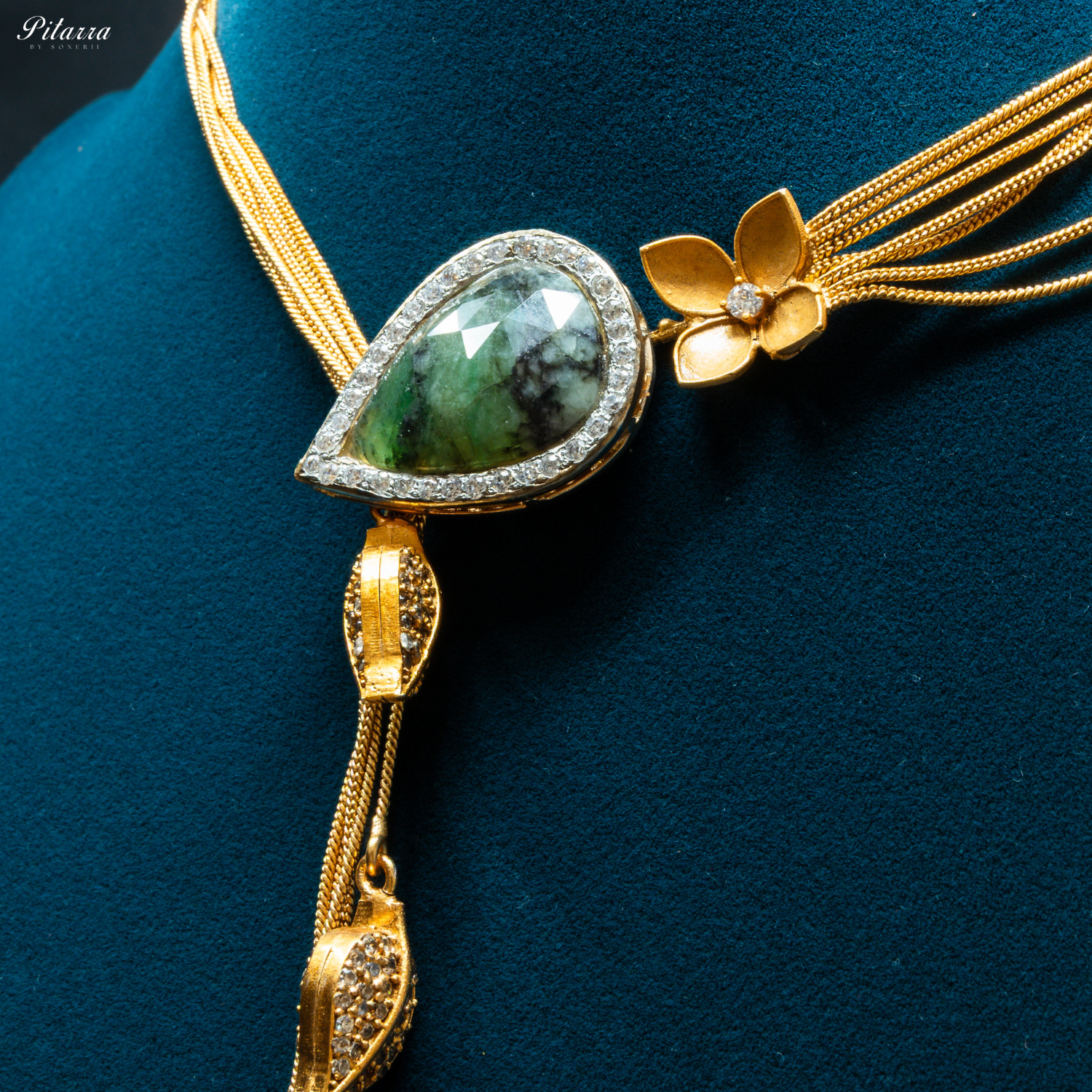 Green Drop Stone Golden Statement Necklace Set
