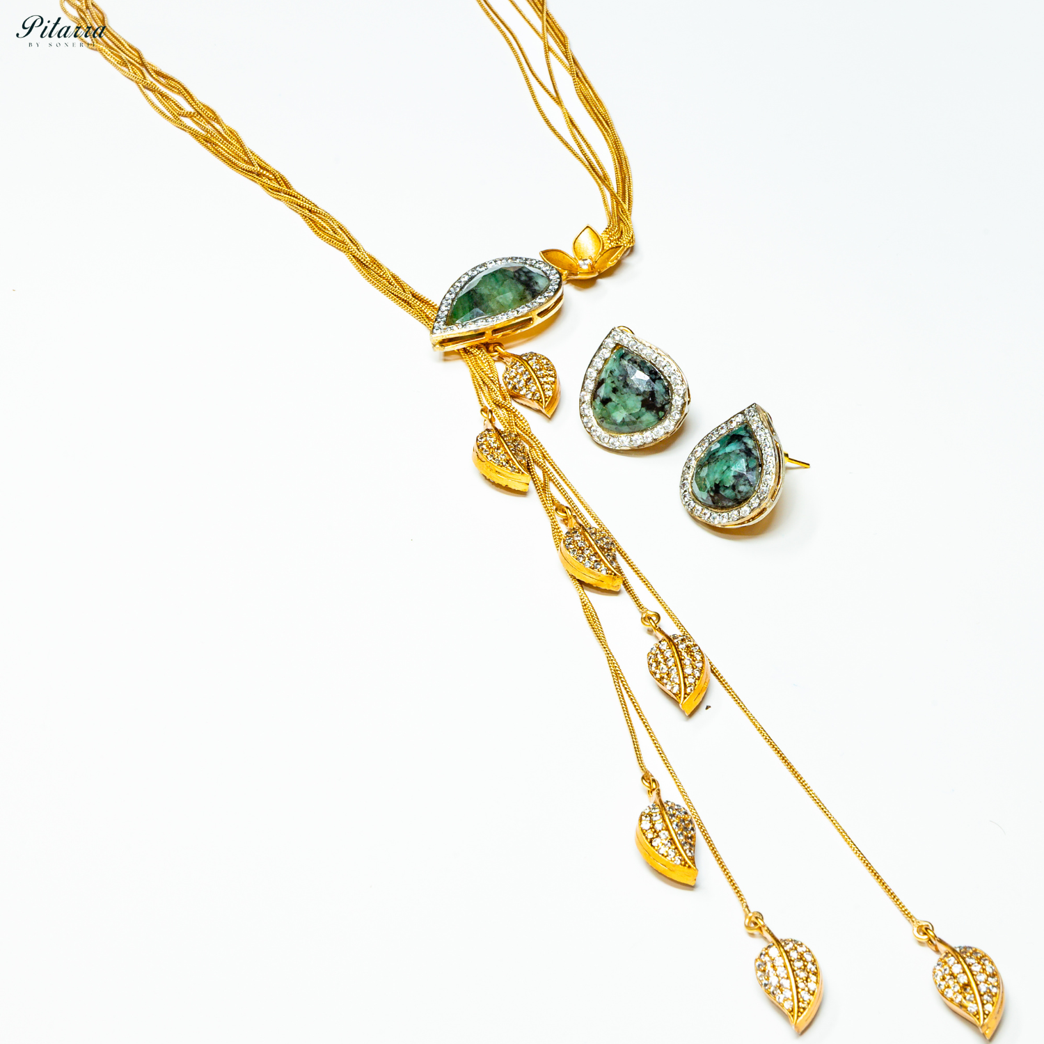 Green Drop Stone Golden Statement Necklace Set