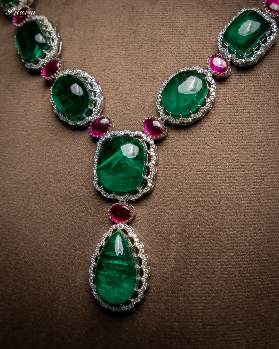 Green Doublet Silver Polish Necklace Set