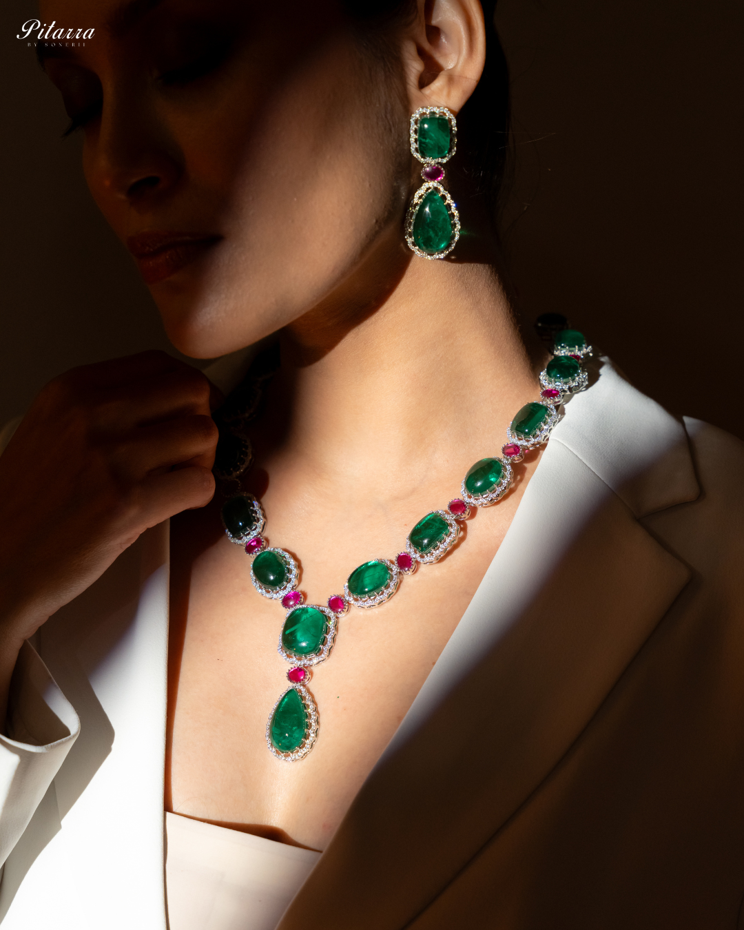 Green Doublet Silver Polish Necklace Set