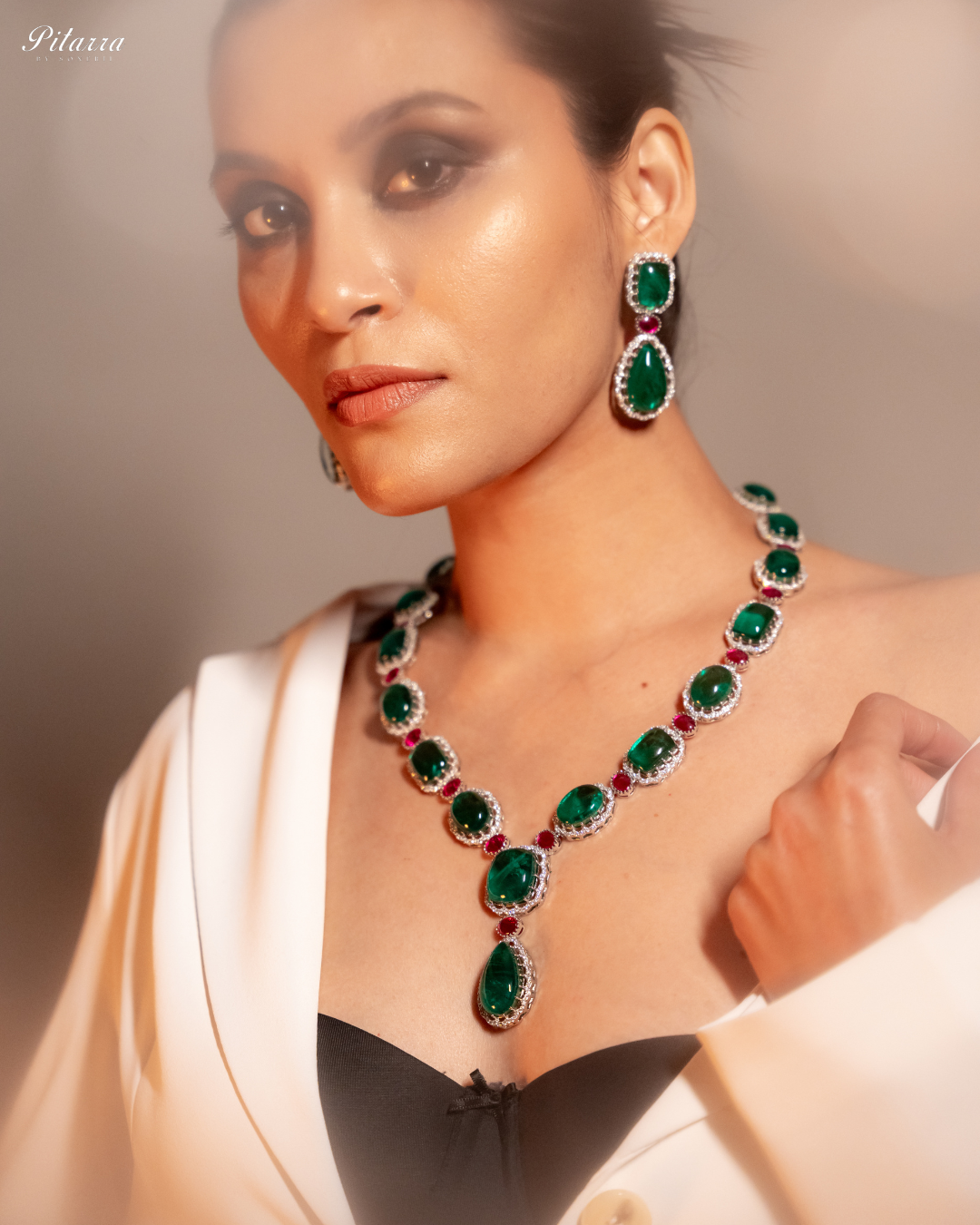 Green Doublet Silver Polish Necklace Set
