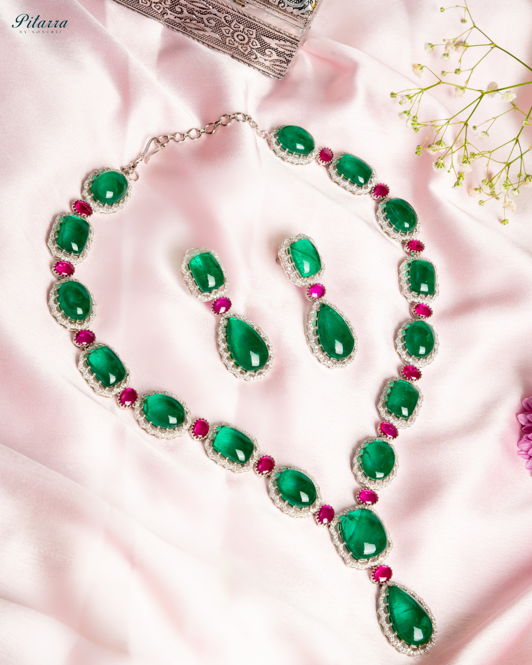 Green Doublet Silver Polish Necklace Set