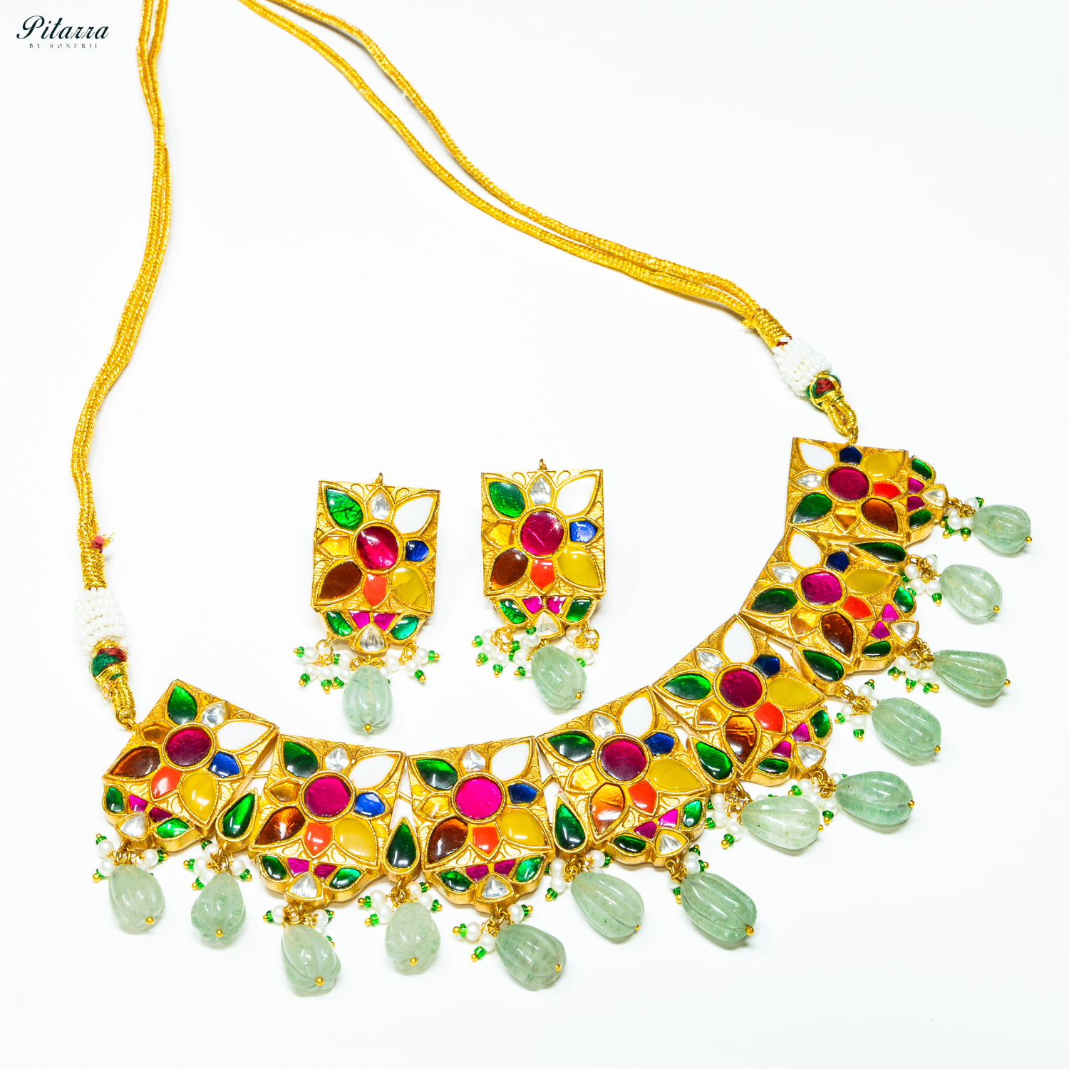 Green Beads Navratna Design Stone Choker Set_White Background