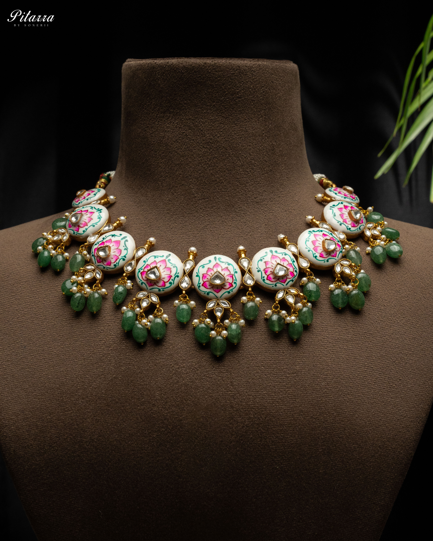 Green Beads Pink Antique Jadau Traditional Kundan Necklace Set