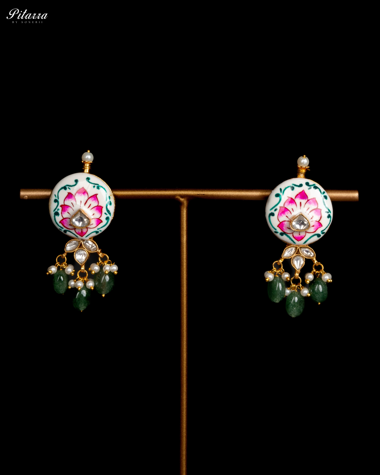 Green Beads Pink Antique Jadau Traditional Kundan Necklace Set Earrings