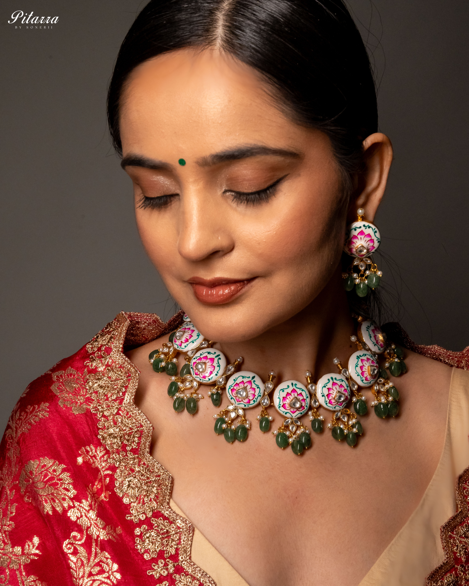 Green Beads Pink Antique Jadau Traditional Kundan Necklace Set Front Model Angle