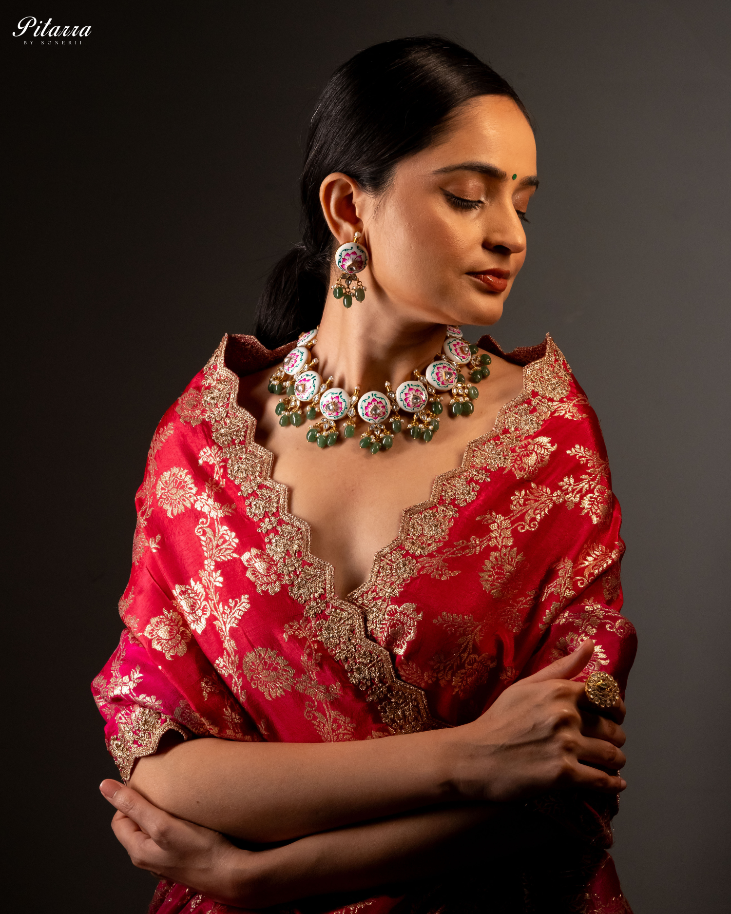 Green Beads Pink Antique Jadau Traditional Kundan Necklace Set Full Shoot