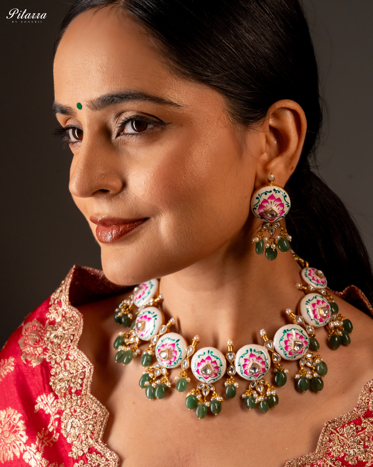 Green Beads Pink Antique Jadau Traditional Kundan Necklace Set Model Shoot