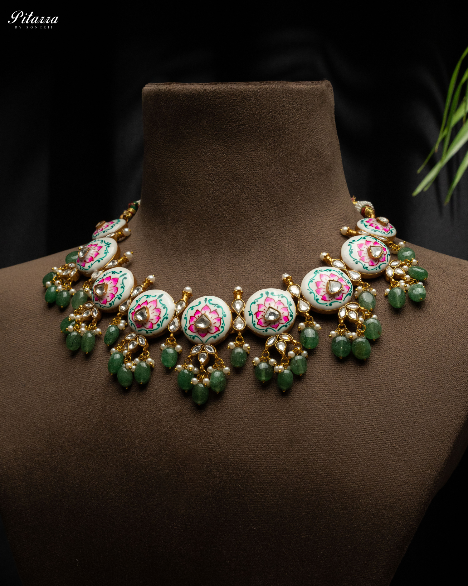 Green Beads Pink Antique Jadau Traditional Kundan Necklace Set Side Angle