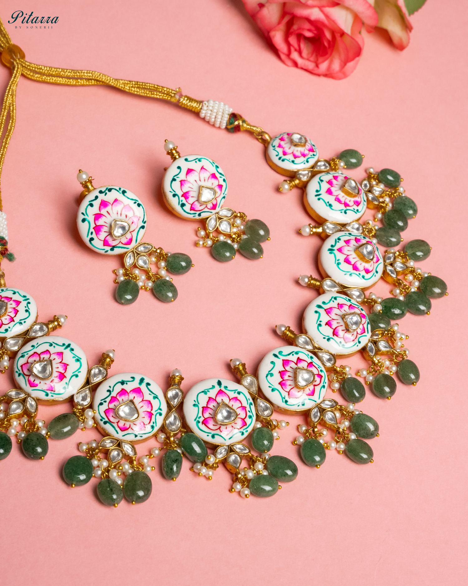 Green Beads Pink Antique Jadau Traditional Kundan Necklace Set Style Shoot