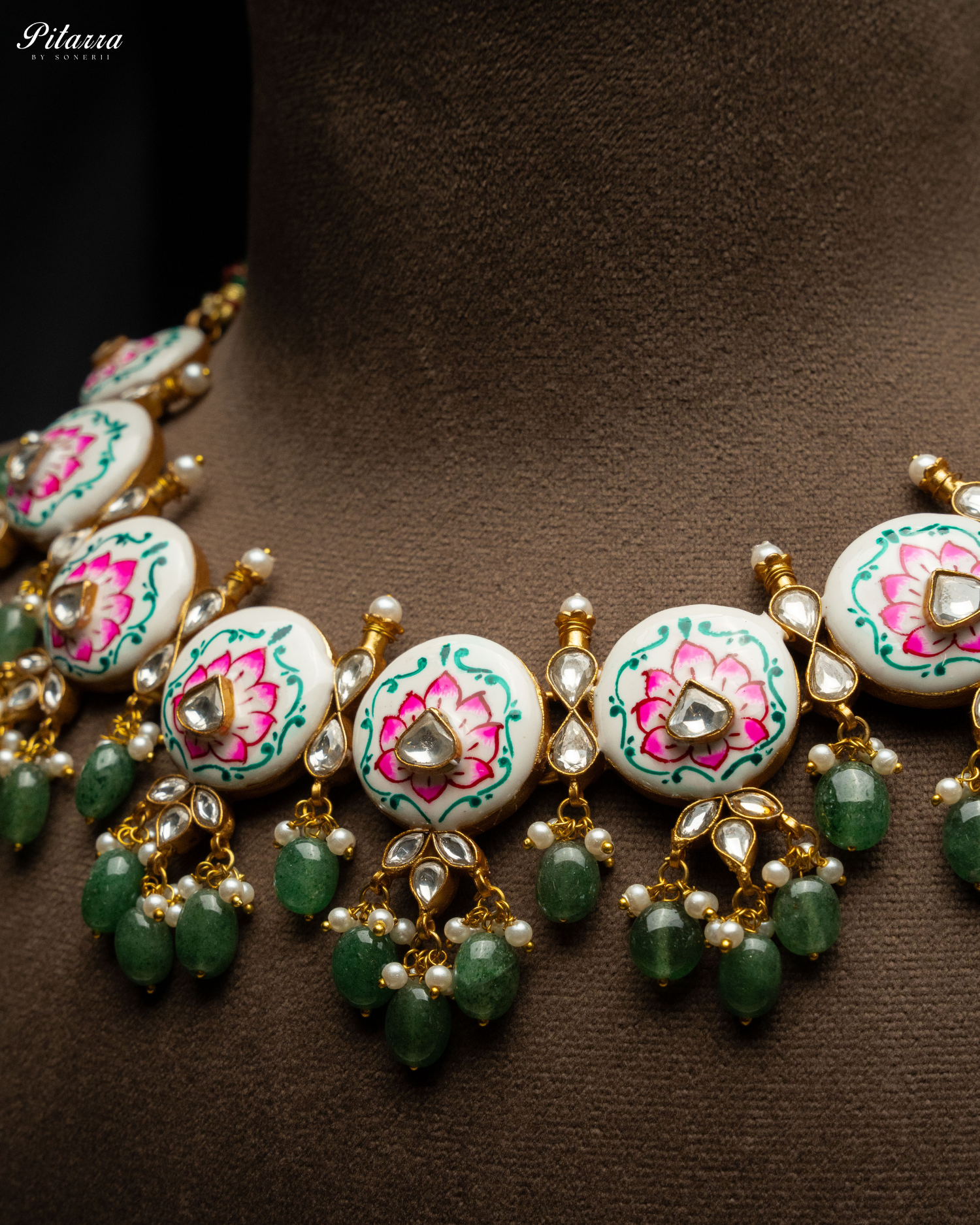 Green Beads Pink Antique Jadau Traditional Kundan Necklace Set Zoom Angle