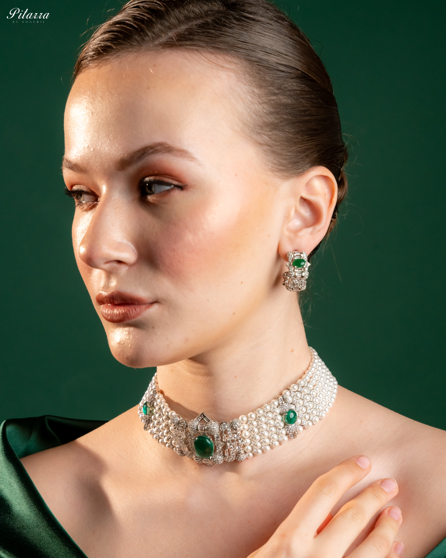 Green Carved Doublet and Pearl Choker_Side Angle