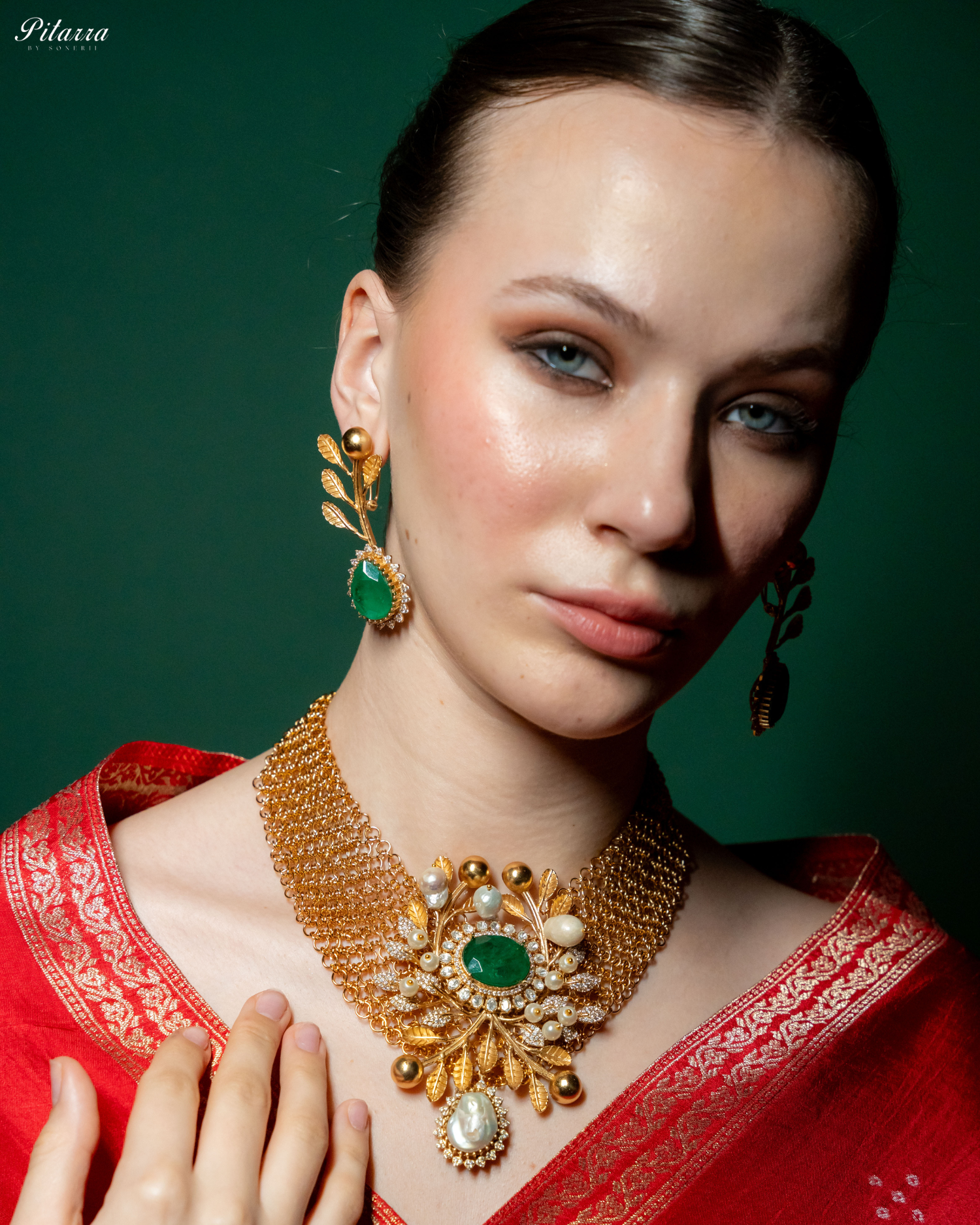 Green Crystal Indo Western Necklace Set_Right Angle