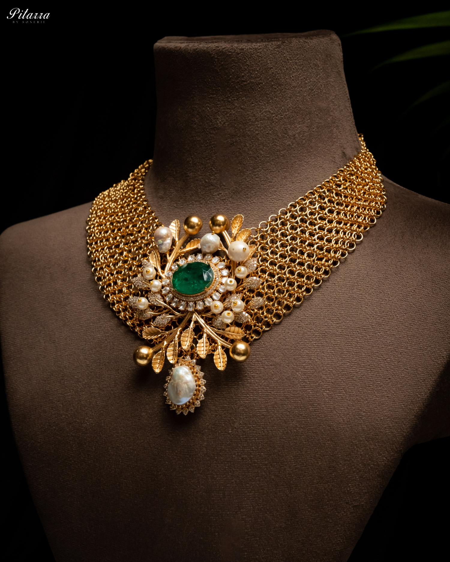 Green Crystal Indo Western Necklace Set_Side Angle